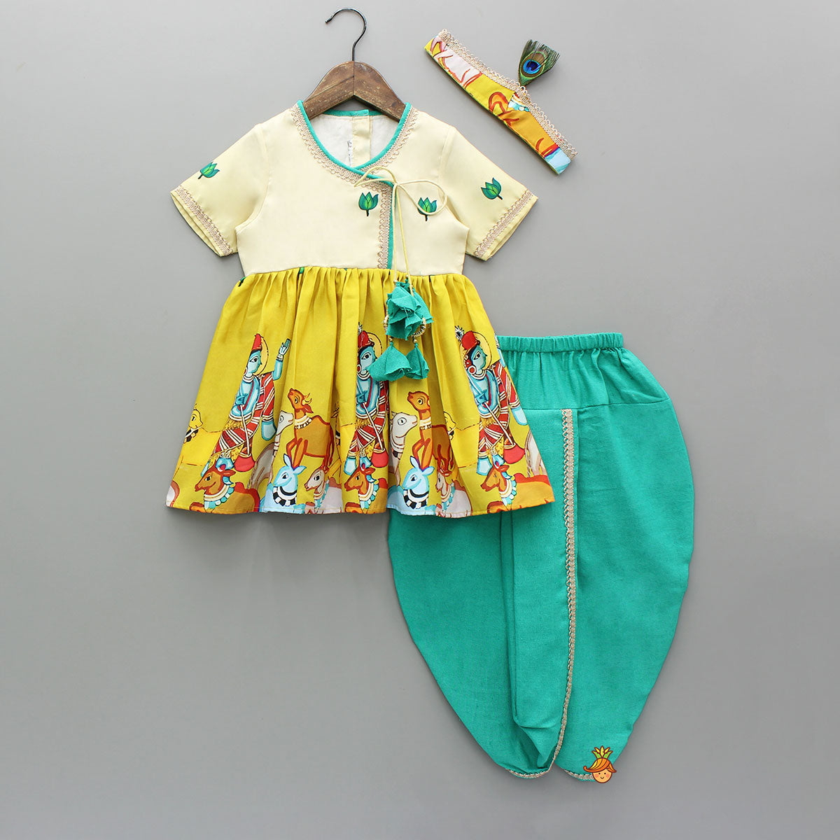 Pre Order: Kanha Printed Peplum Top With Dhoti And Hairband