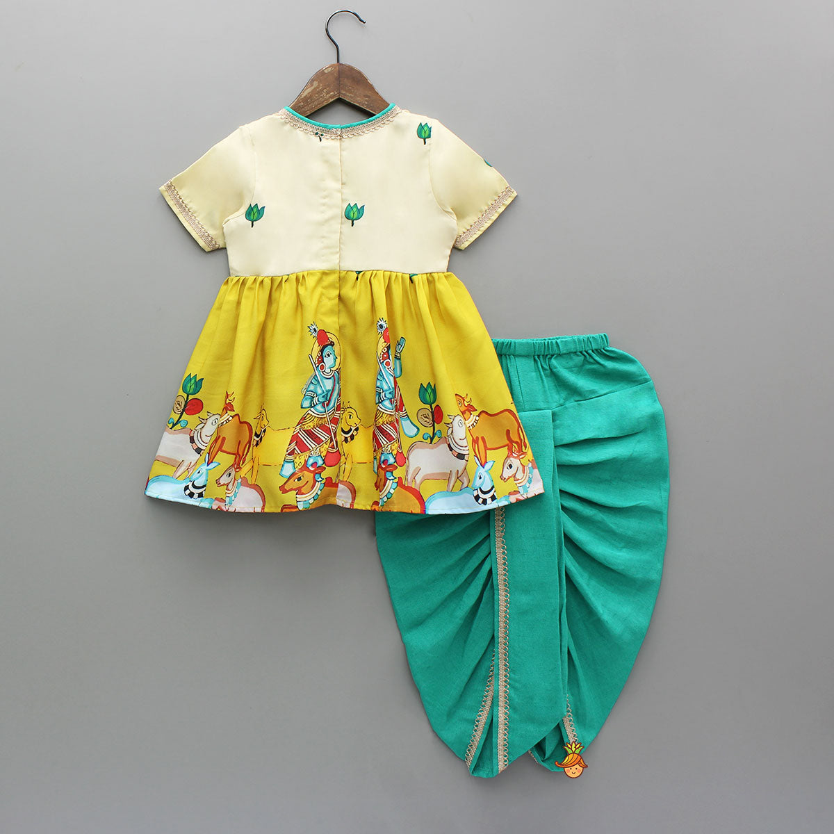 Pre Order: Kanha Printed Peplum Top With Dhoti And Hairband