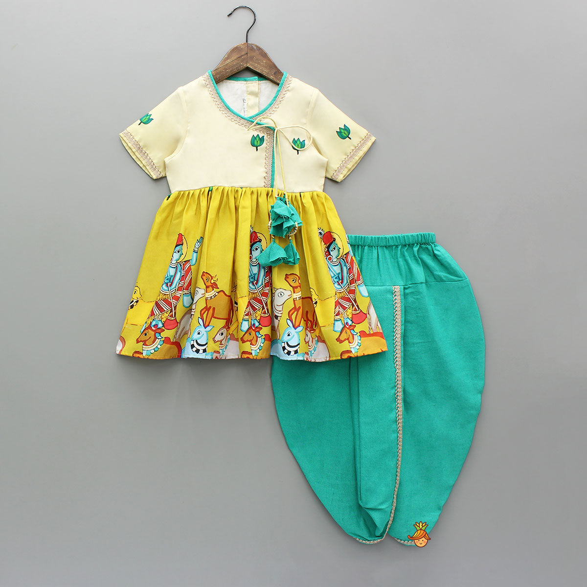 Pre Order: Kanha Printed Peplum Top With Dhoti And Hairband