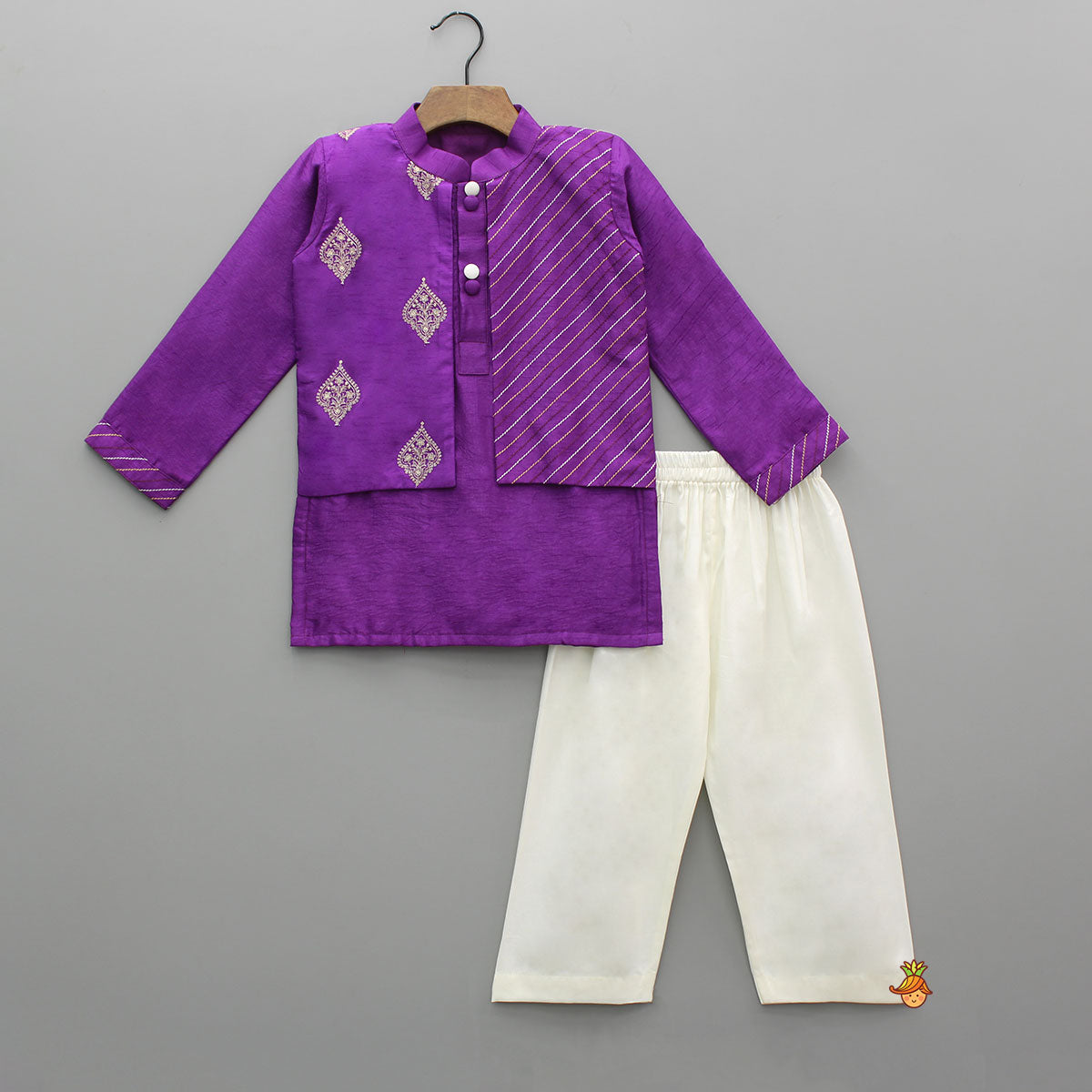 Pre Order: Purple Jacket Style Kurta With Off White Pyjama