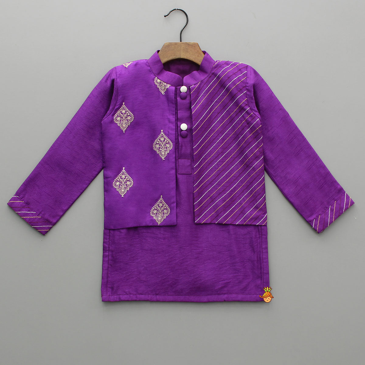 Pre Order: Purple Jacket Style Kurta With Off White Pyjama