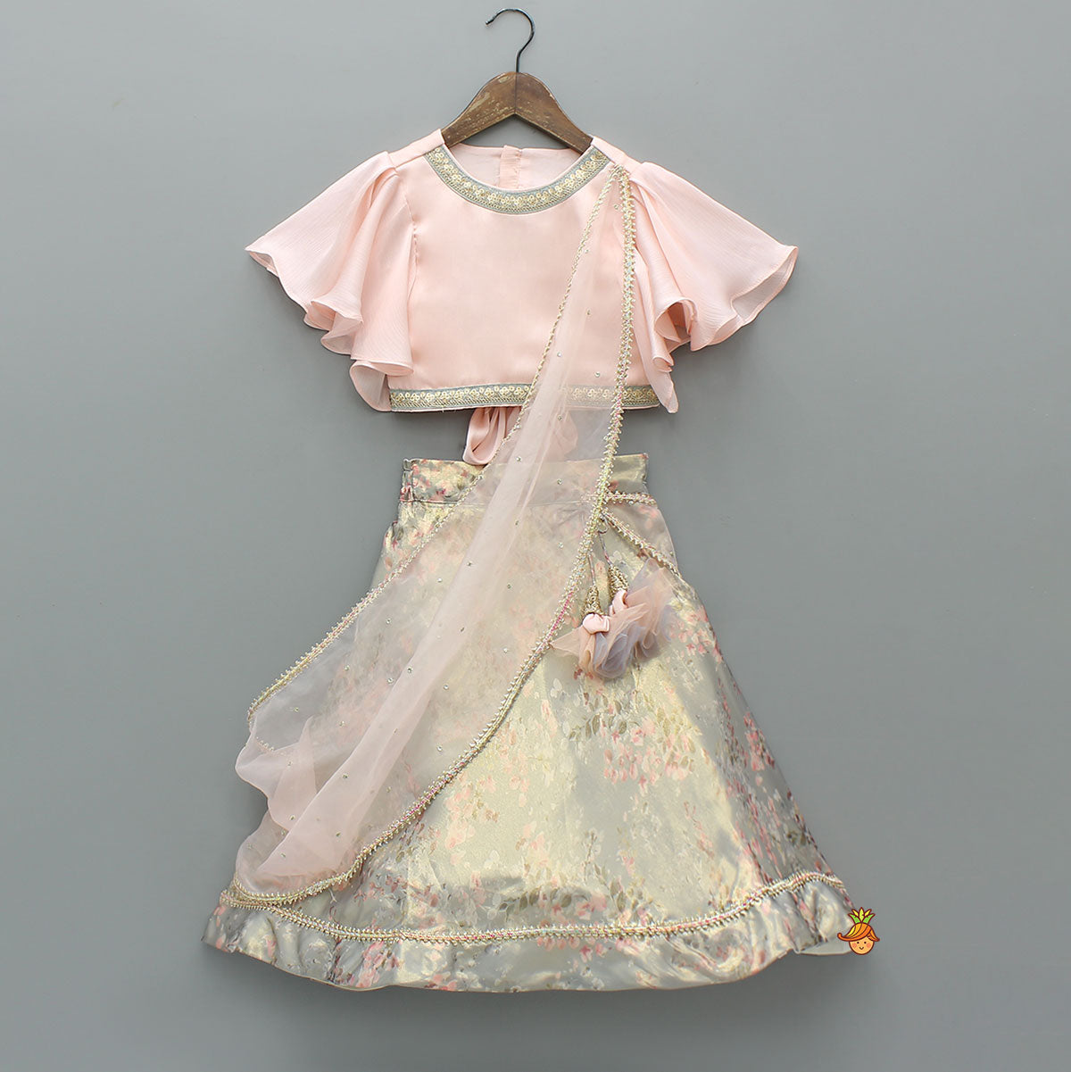 Pre Order: Peach Ruffle Sleeves Top With Shimmery Floral Lehenga And Attached Dupatta