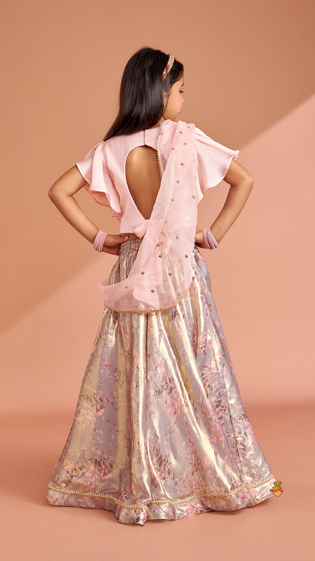 Pre Order: Peach Ruffle Sleeves Top With Shimmery Floral Lehenga And Attached Dupatta