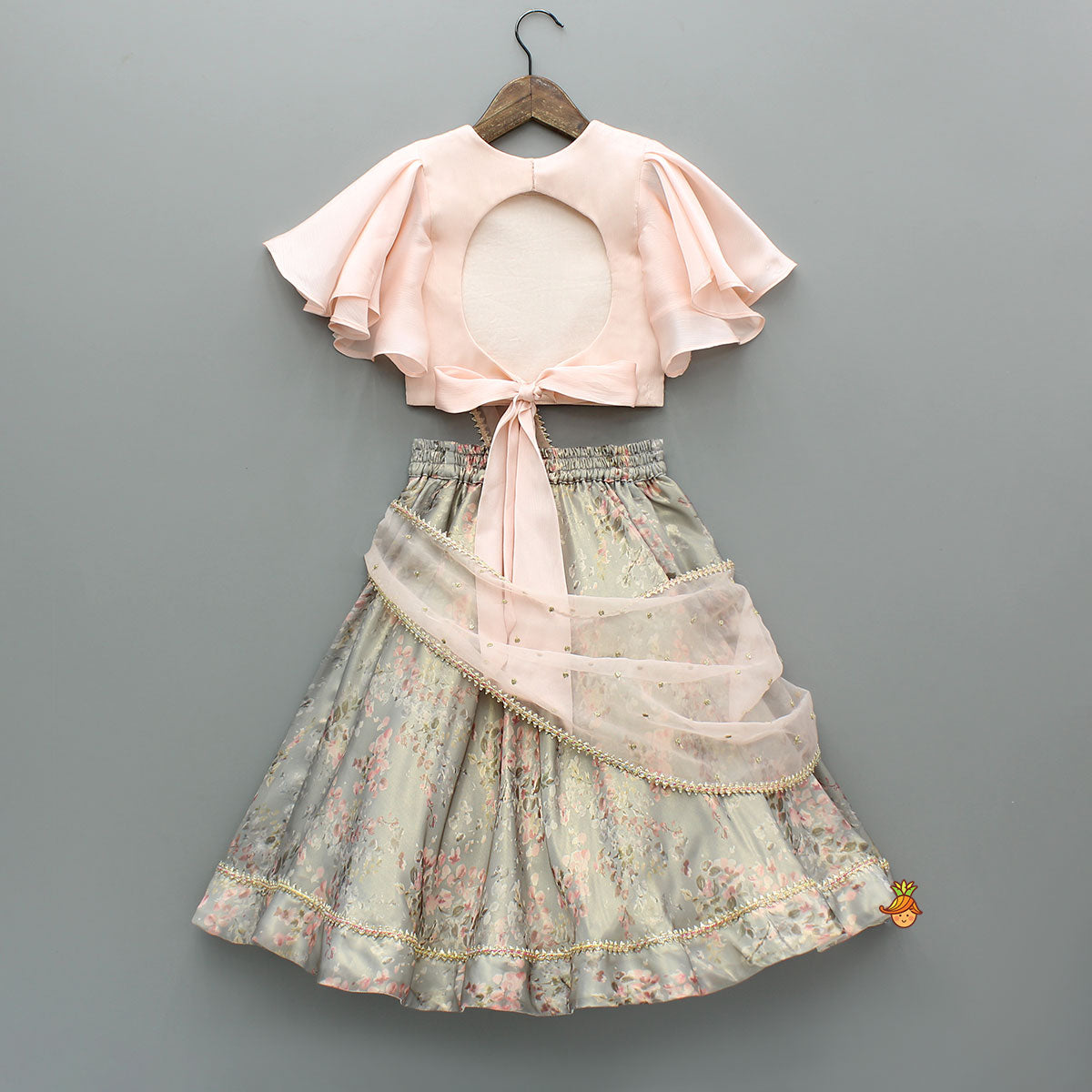 Pre Order: Peach Ruffle Sleeves Top With Shimmery Floral Lehenga And Attached Dupatta