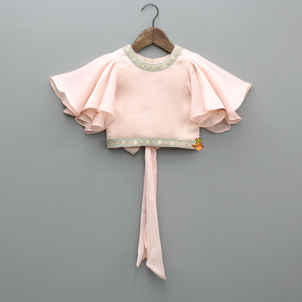 Pre Order: Peach Ruffle Sleeves Top With Shimmery Floral Lehenga And Attached Dupatta