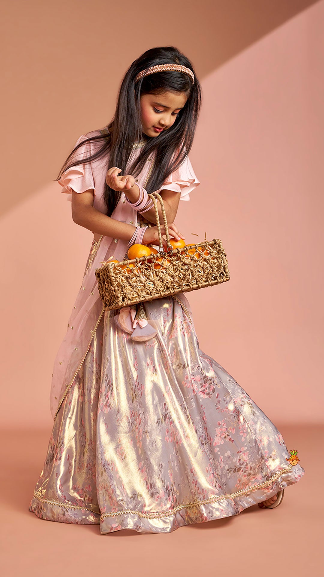Pre Order: Peach Ruffle Sleeves Top With Shimmery Floral Lehenga And Attached Dupatta