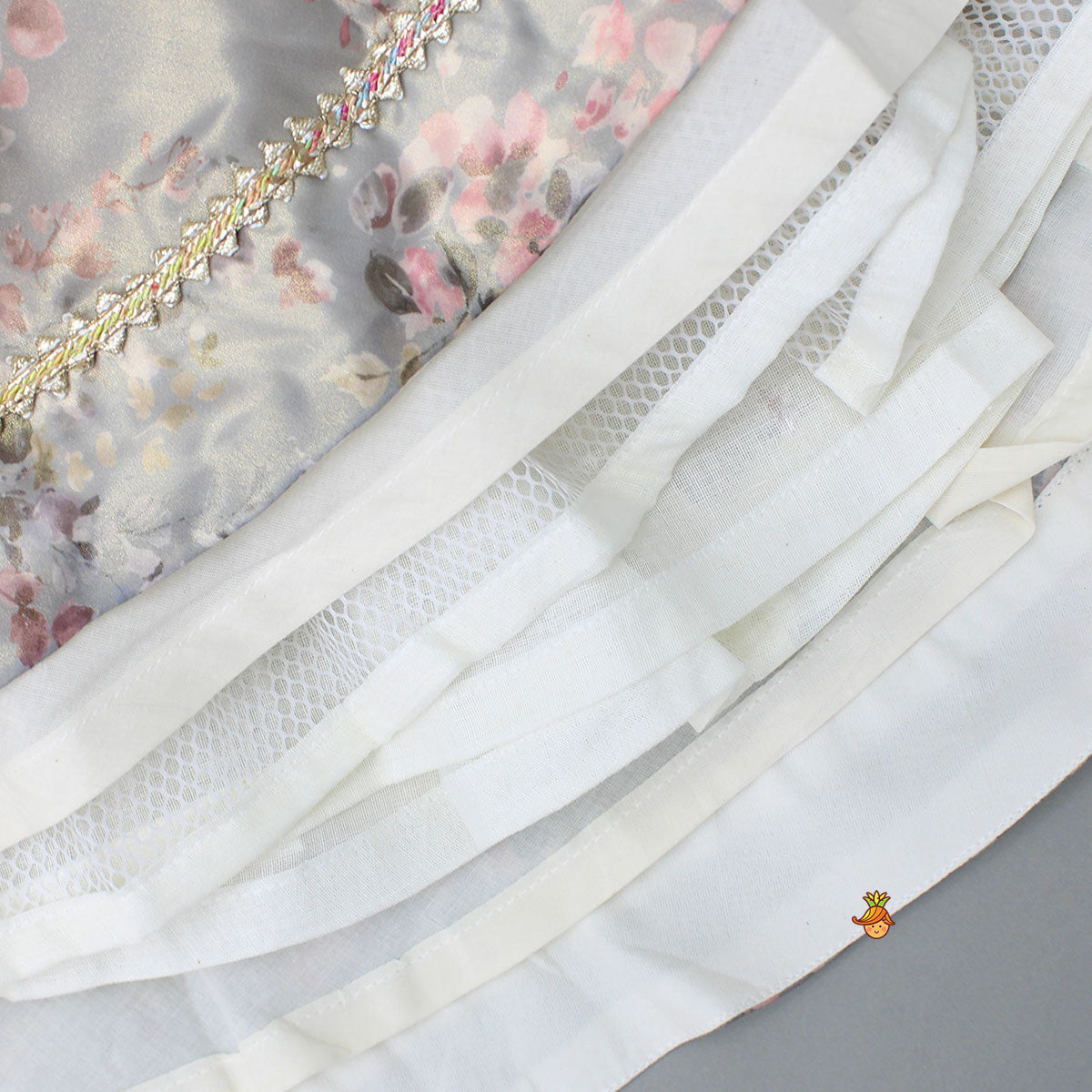 Pre Order: Peach Ruffle Sleeves Top With Shimmery Floral Lehenga And Attached Dupatta