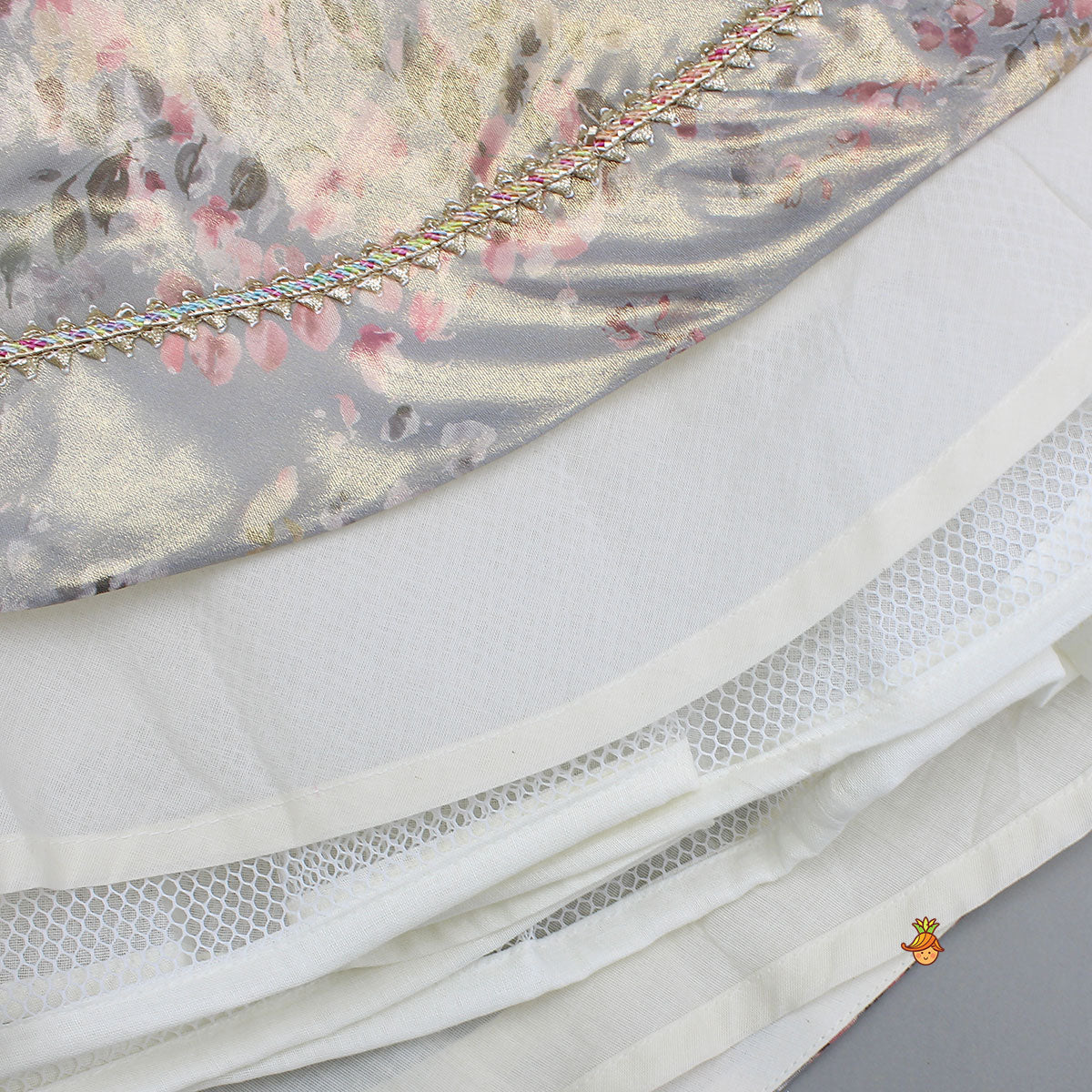 Pre Order: Peach Ruffle Sleeves Top With Shimmery Floral Lehenga And Attached Dupatta