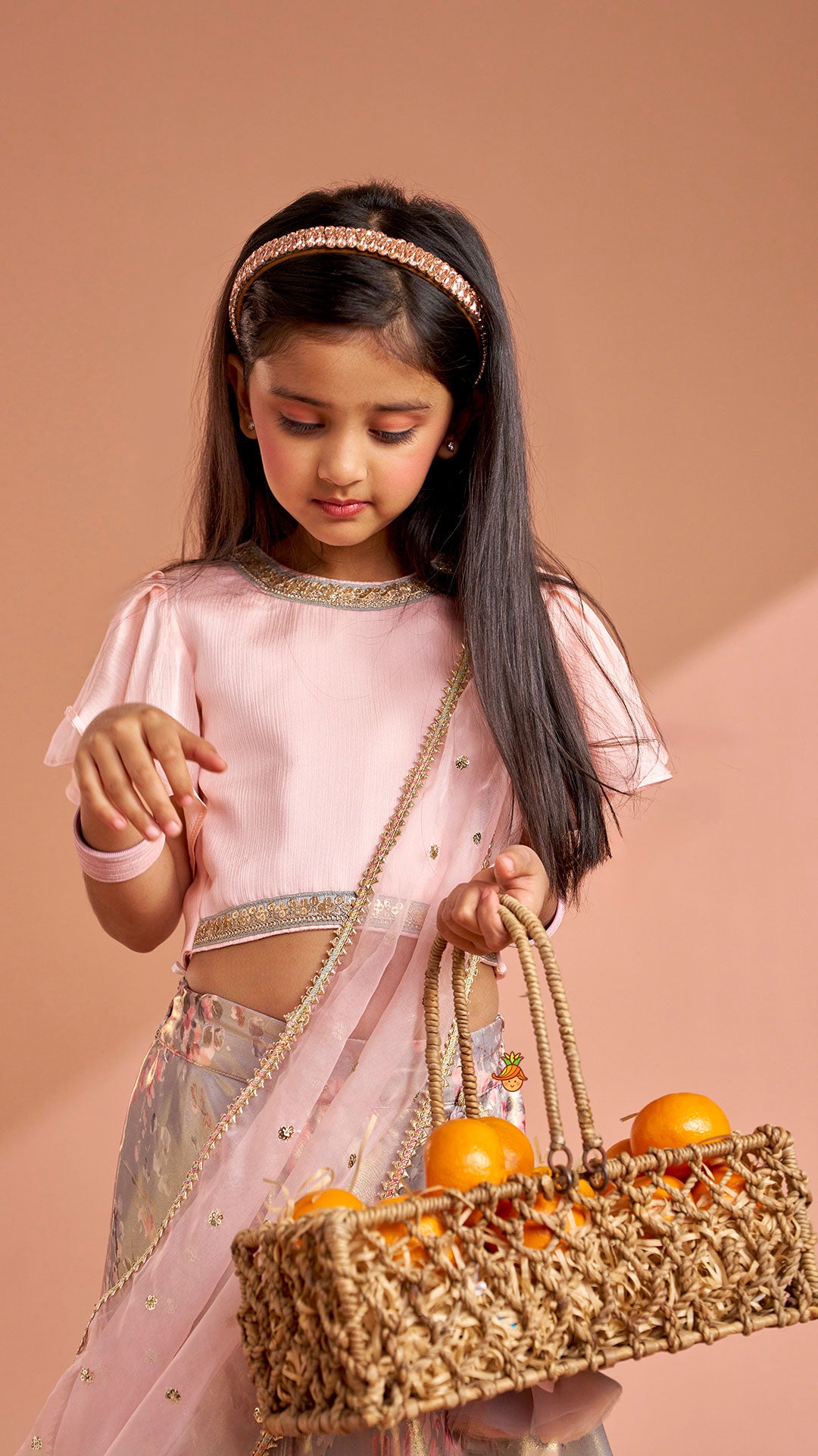 Pre Order: Peach Ruffle Sleeves Top With Shimmery Floral Lehenga And Attached Dupatta