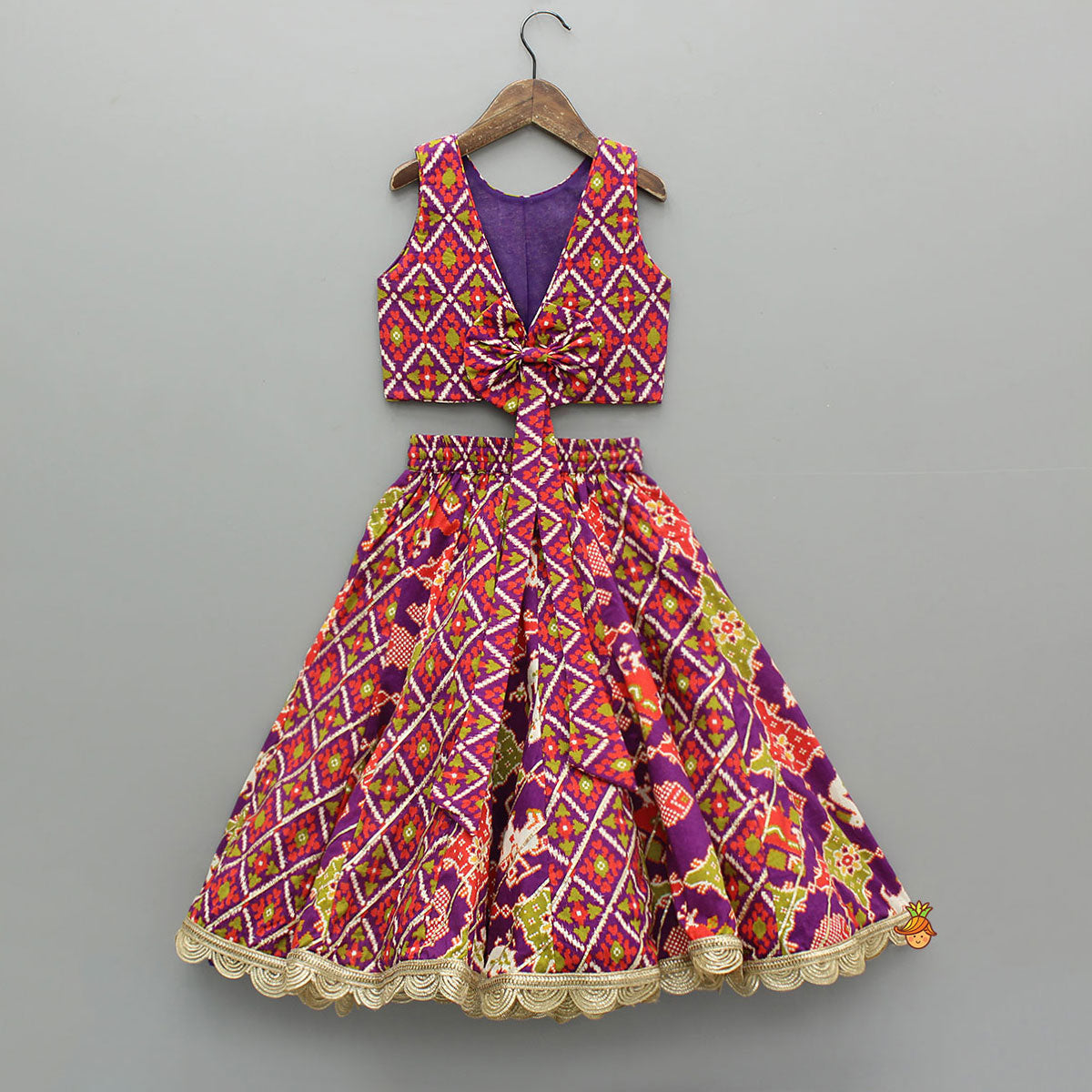 Pre Order: Ikat Printed Faux Mirror Embroidered Sleeveless Top With Lehenga