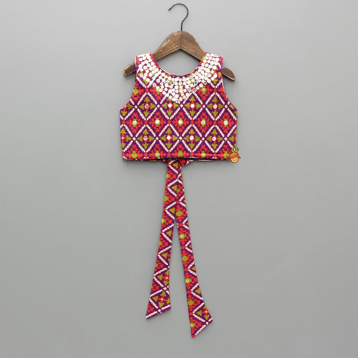 Pre Order: Ikat Printed Faux Mirror Embroidered Sleeveless Top With Lehenga