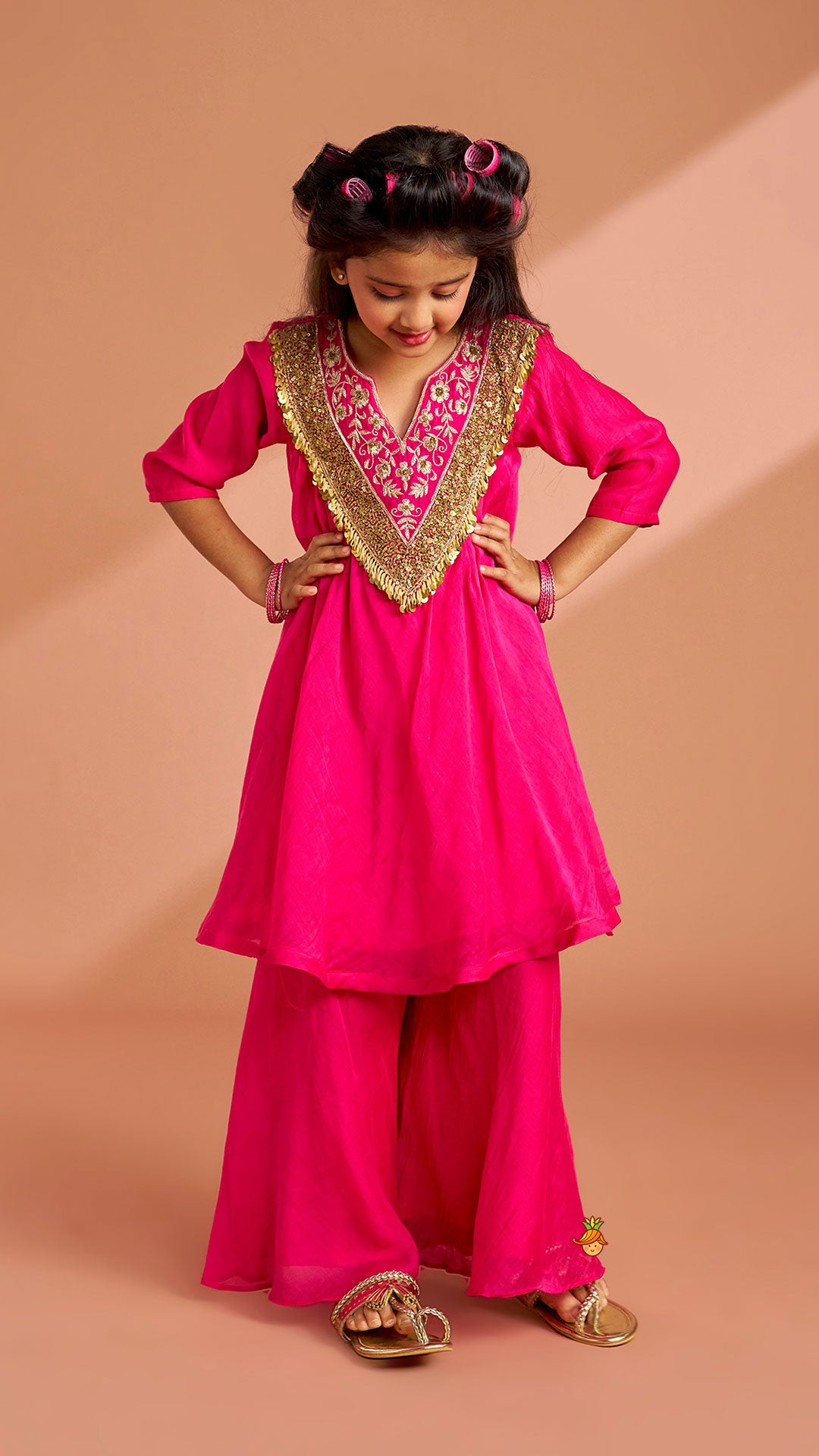 Pre Order: Pink Sequin Embellished Top With Flared Palazzo