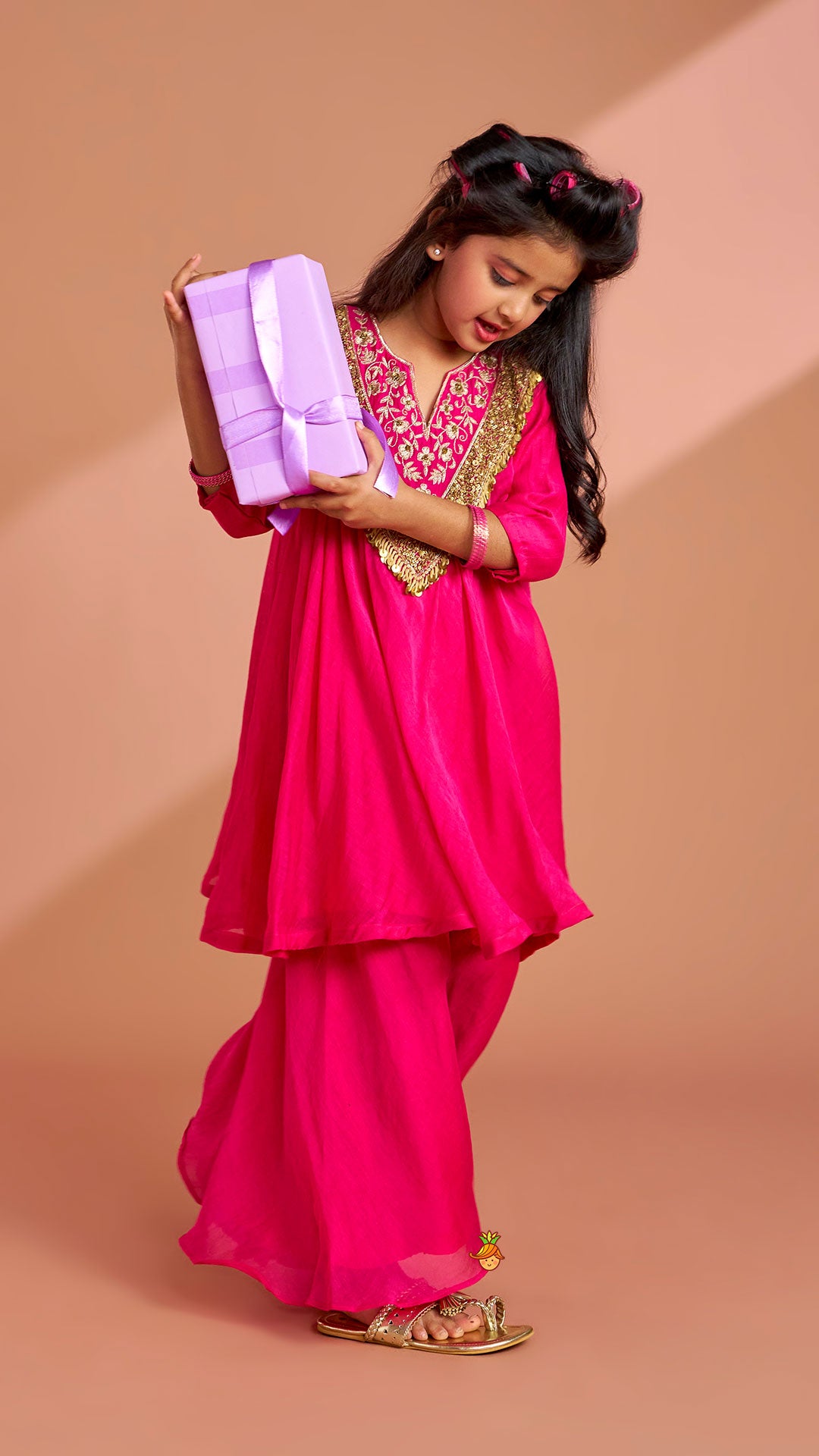 Pre Order: Pink Sequin Embellished Top With Flared Palazzo