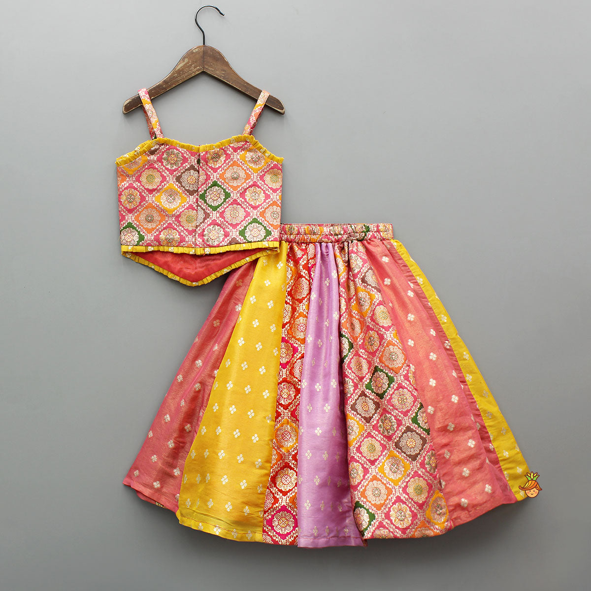 Pre Order: Multicolour Strappy Brocade Top With Panelled Lehenga And Dupatta