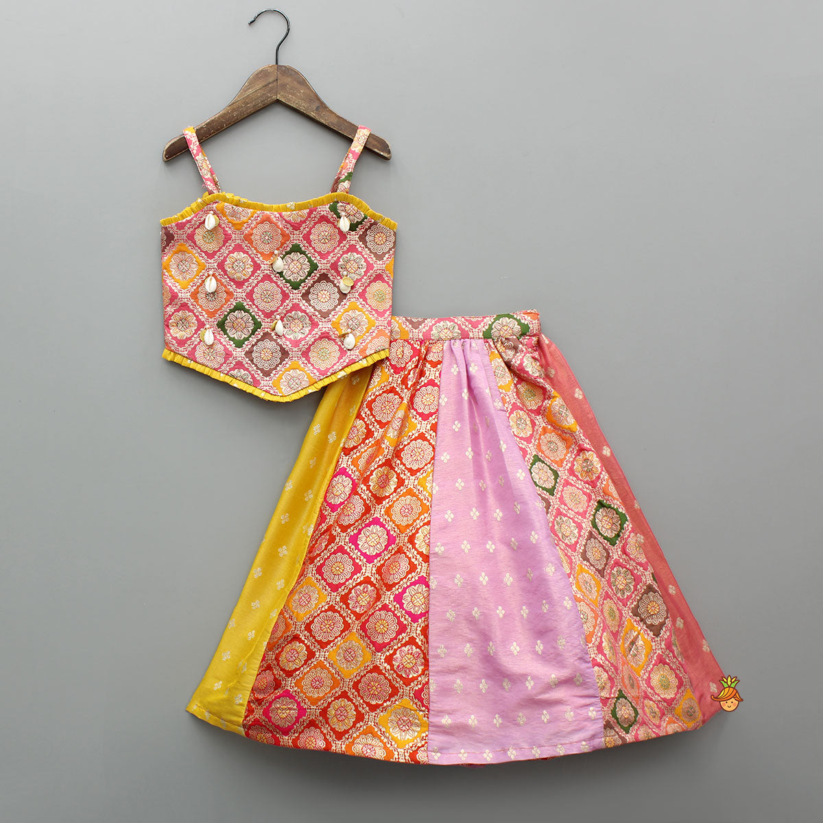Pre Order: Multicolour Strappy Brocade Top With Panelled Lehenga And Dupatta