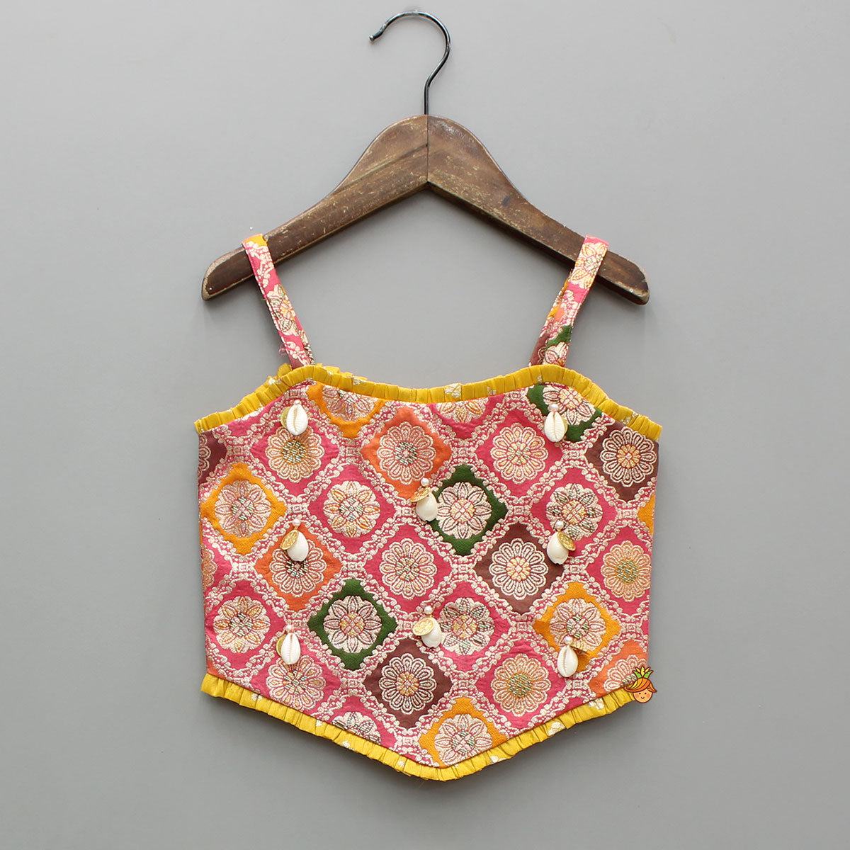 Pre Order: Multicolour Strappy Brocade Top With Panelled Lehenga And Dupatta