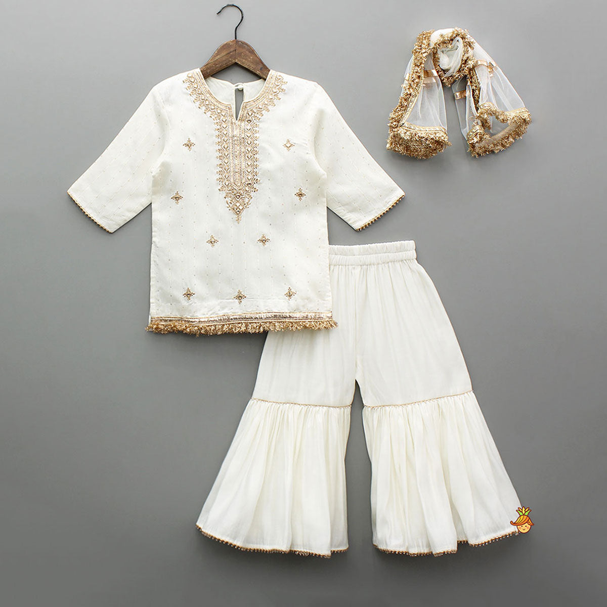 Pre Order: Elegant Faux Mirror Embroidered Chanderi Kurti With Sharara And Dupatta