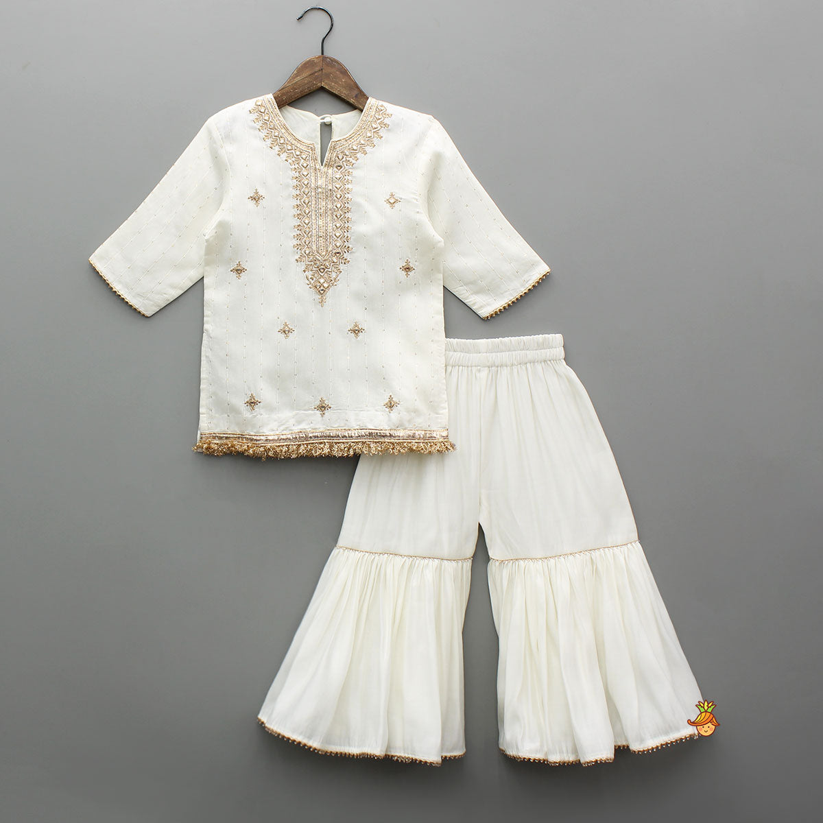 Pre Order: Elegant Faux Mirror Embroidered Chanderi Kurti With Sharara And Dupatta