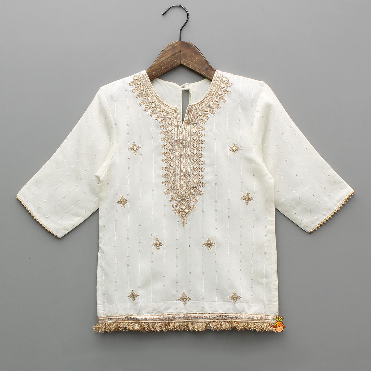 Pre Order: Elegant Faux Mirror Embroidered Chanderi Kurti With Sharara And Dupatta
