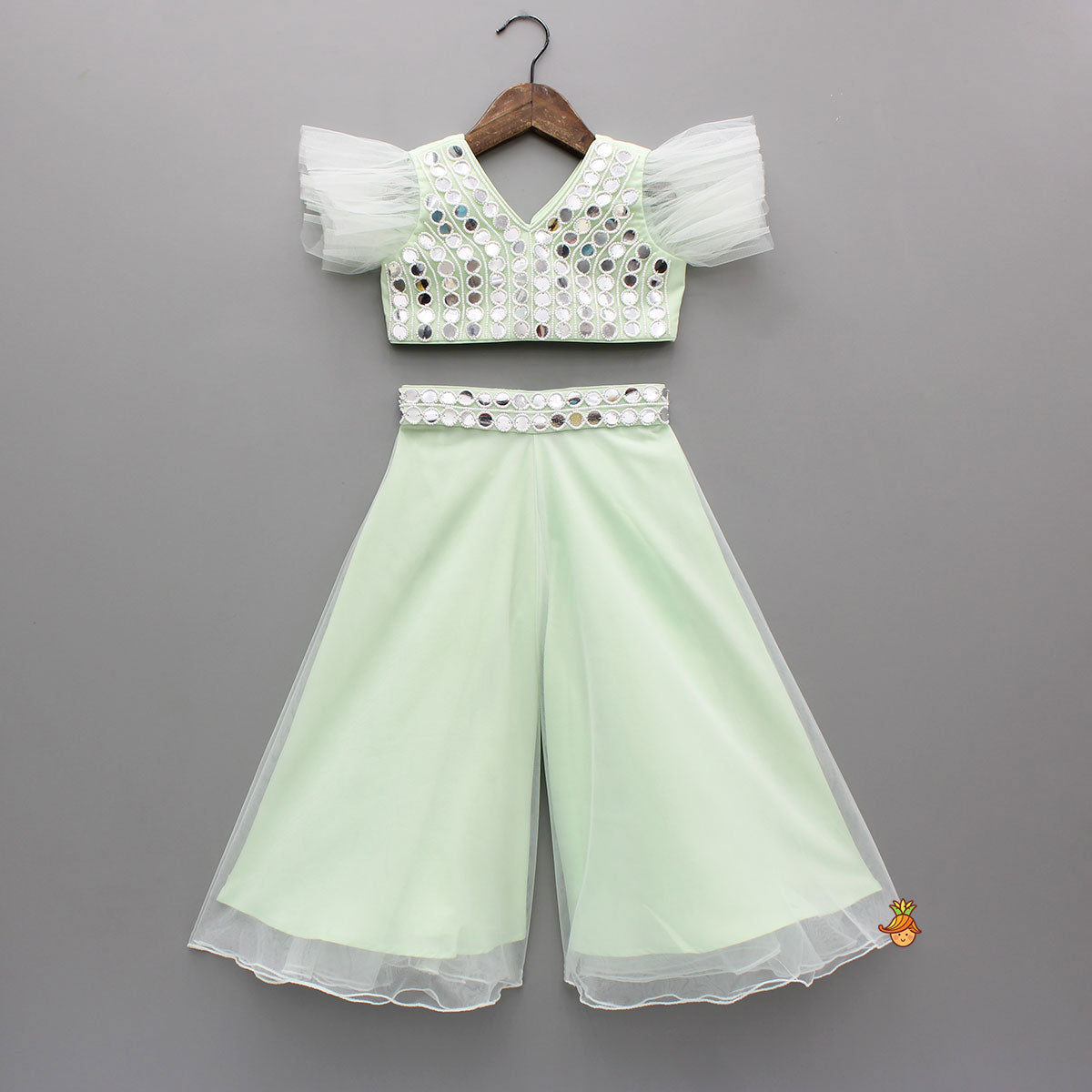 Pre Order: Beautiful Green Faux Mirror Embroidered Top With Net Palazzo