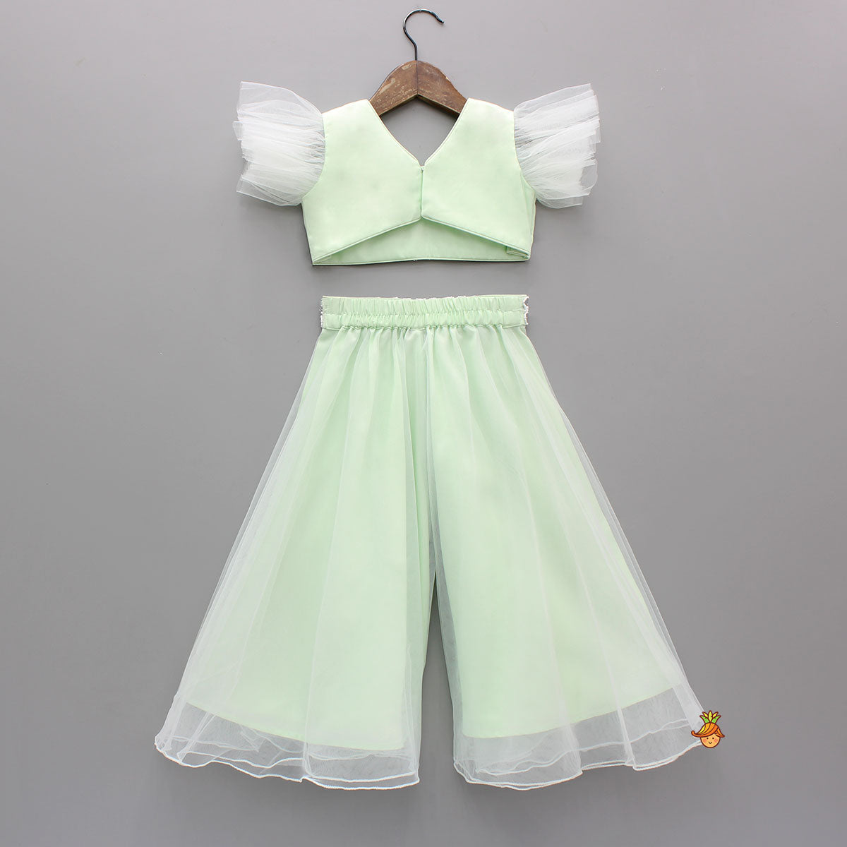 Pre Order: Beautiful Green Faux Mirror Embroidered Top With Net Palazzo
