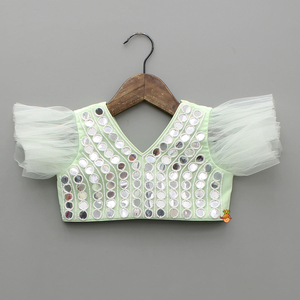 Pre Order: Beautiful Green Faux Mirror Embroidered Top With Net Palazzo