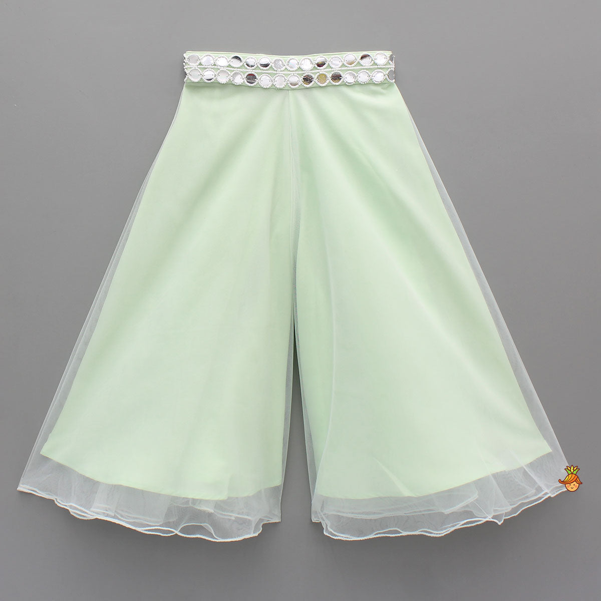 Pre Order: Beautiful Green Faux Mirror Embroidered Top With Net Palazzo