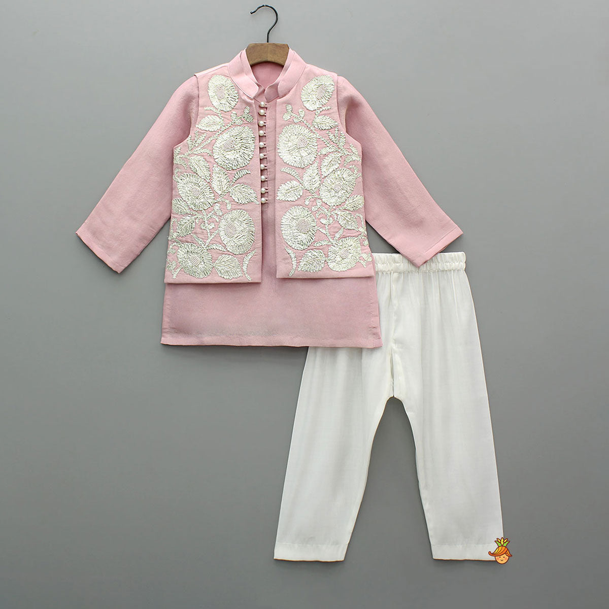 Pre Order: Shimmery Pink Kurta With Shimmery Front Open Hand Embroidered Jacket And Pyjama