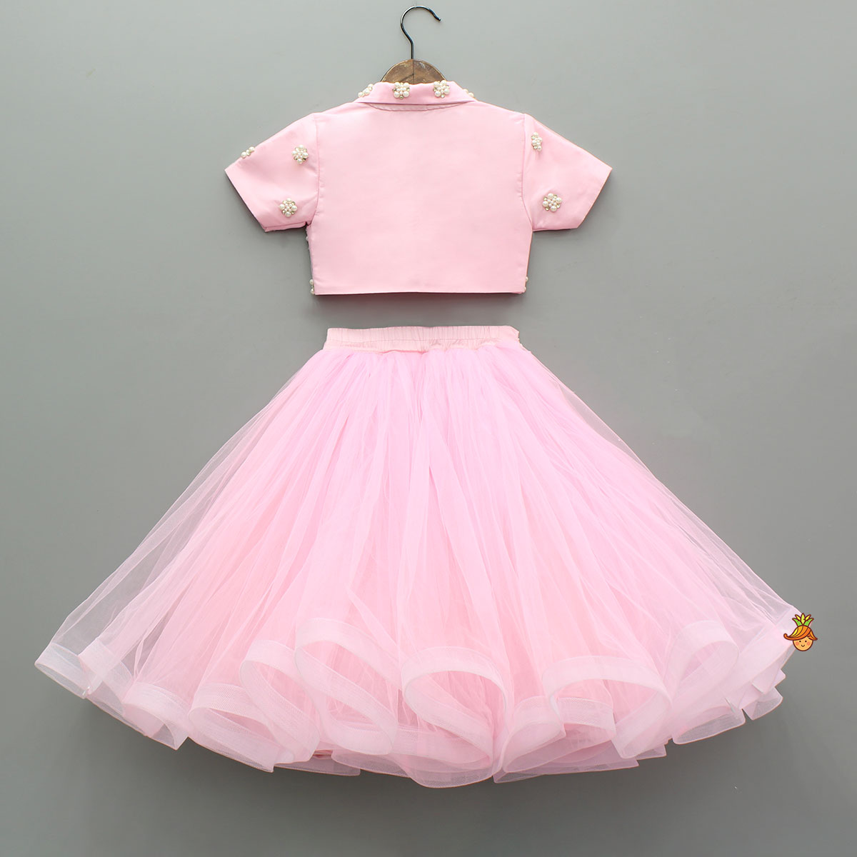 Pre Order: Stylish Pink Crop Blazer Style Top With Flared Lehenga