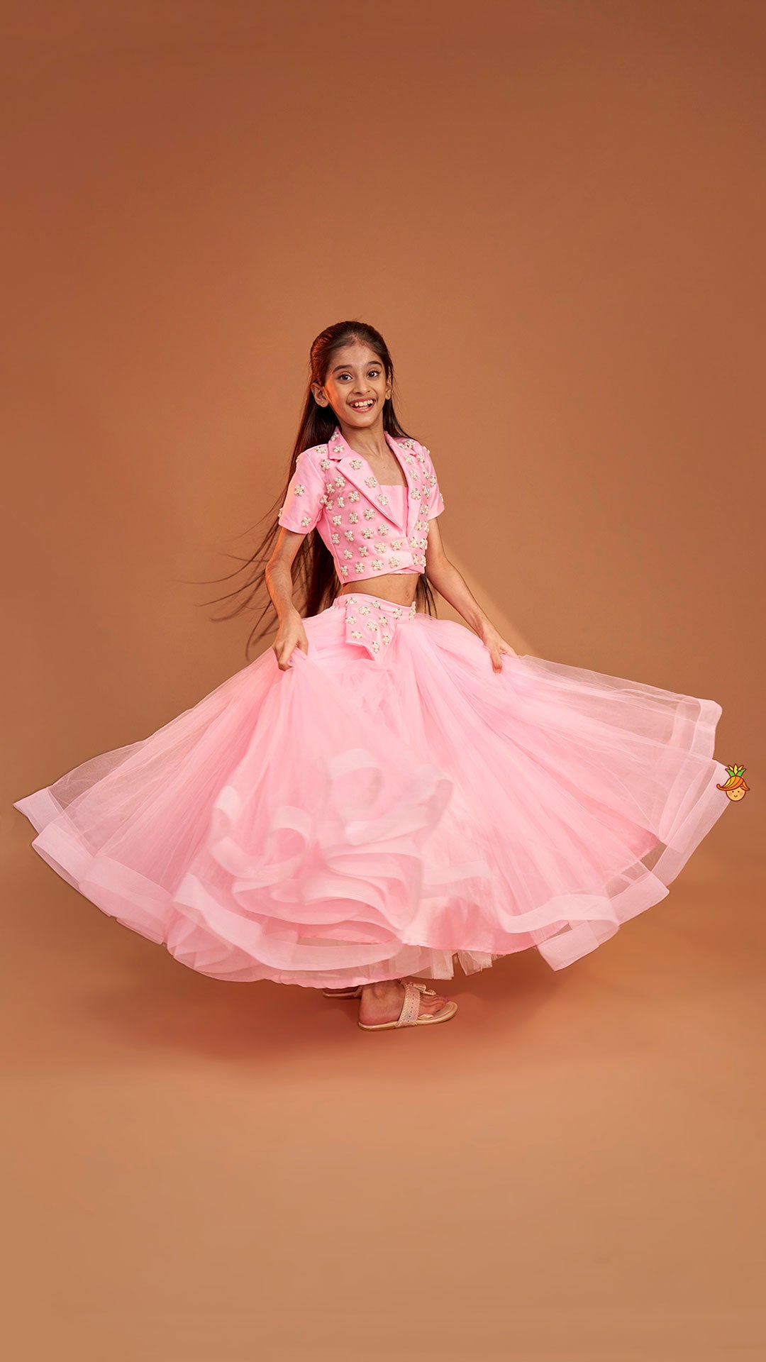 Pre Order: Stylish Pink Crop Blazer Style Top With Flared Lehenga