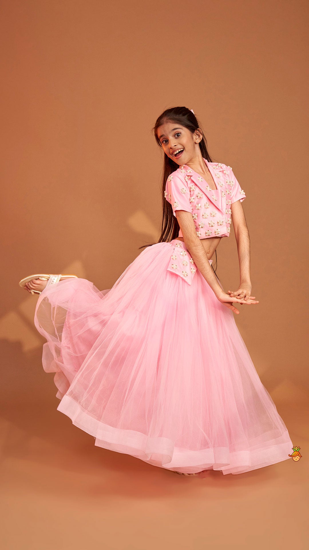 Pre Order: Stylish Pink Crop Blazer Style Top With Flared Lehenga