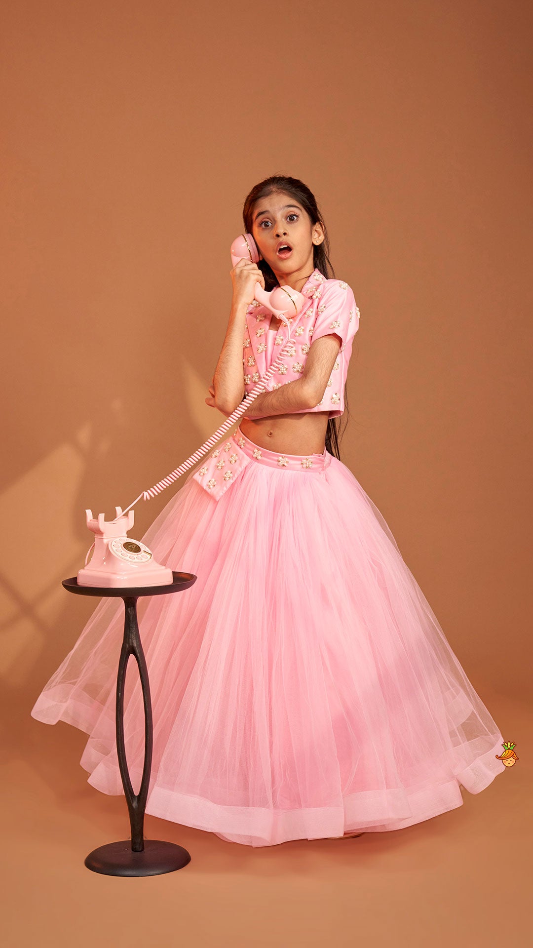 Pre Order: Stylish Pink Crop Blazer Style Top With Flared Lehenga