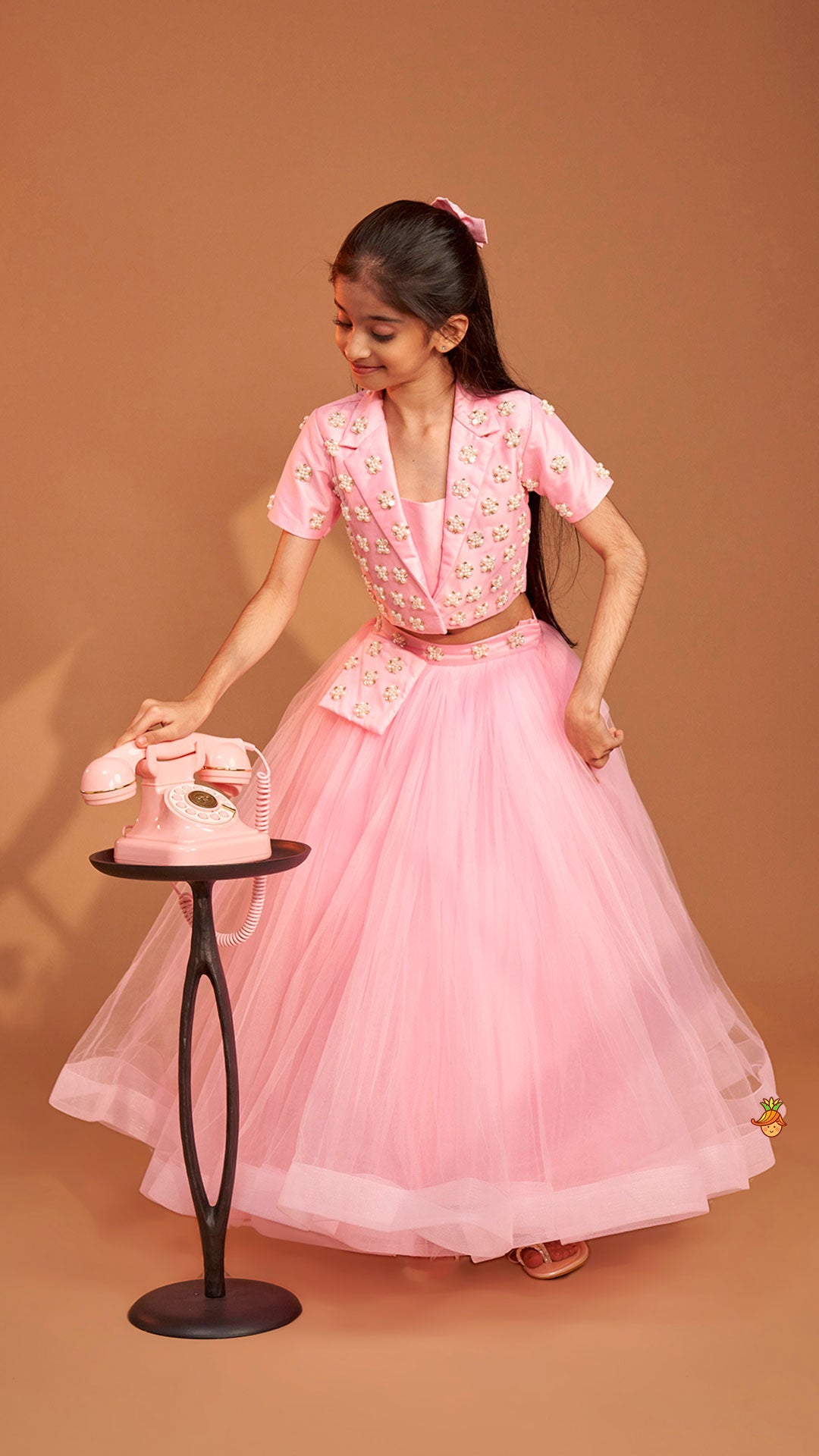 Pre Order: Stylish Pink Crop Blazer Style Top With Flared Lehenga