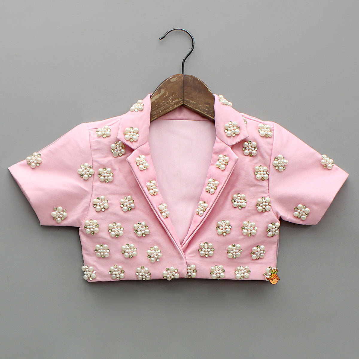 Pre Order: Stylish Pink Crop Blazer Style Top With Flared Lehenga