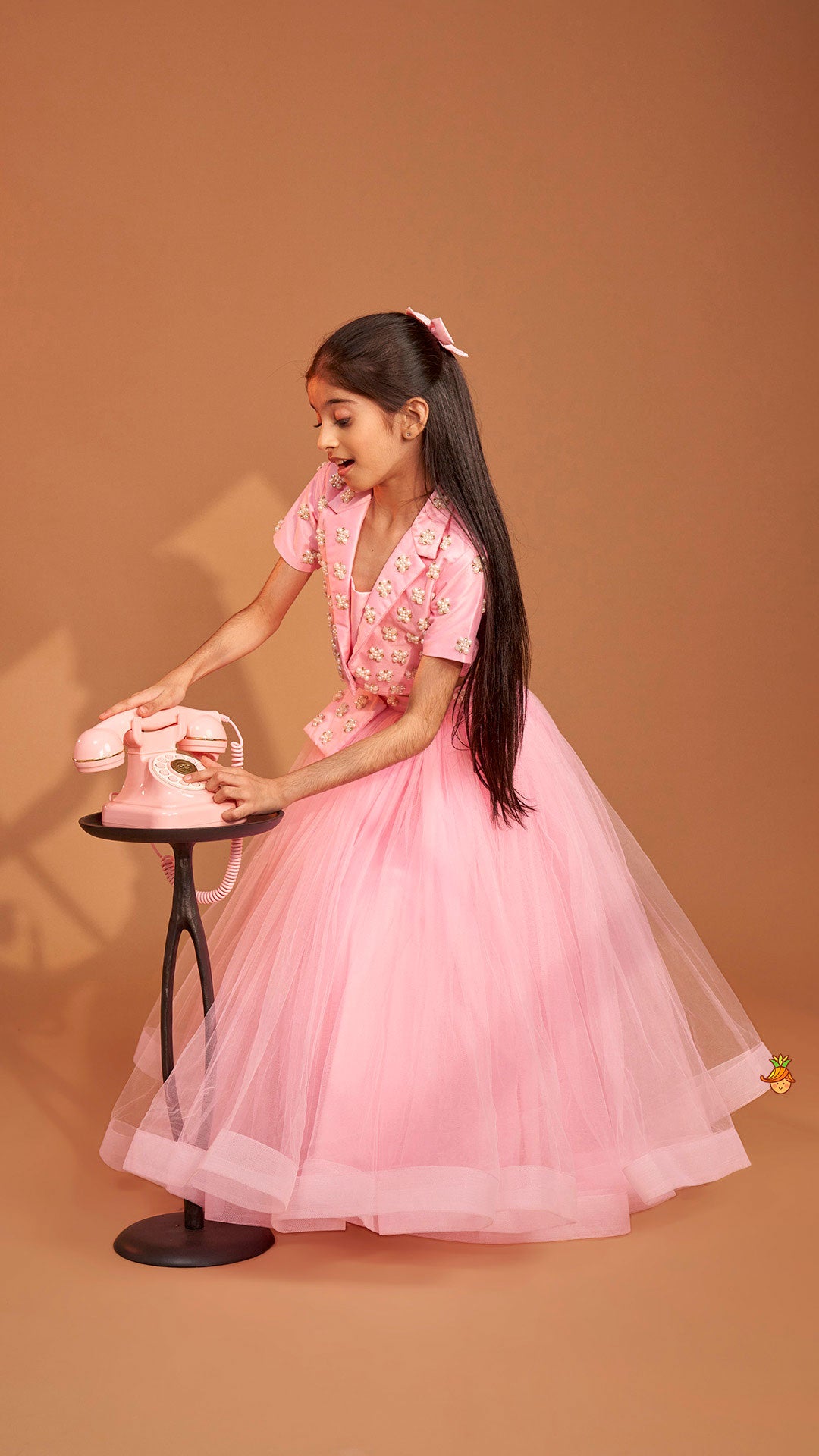 Pre Order: Stylish Pink Crop Blazer Style Top With Flared Lehenga