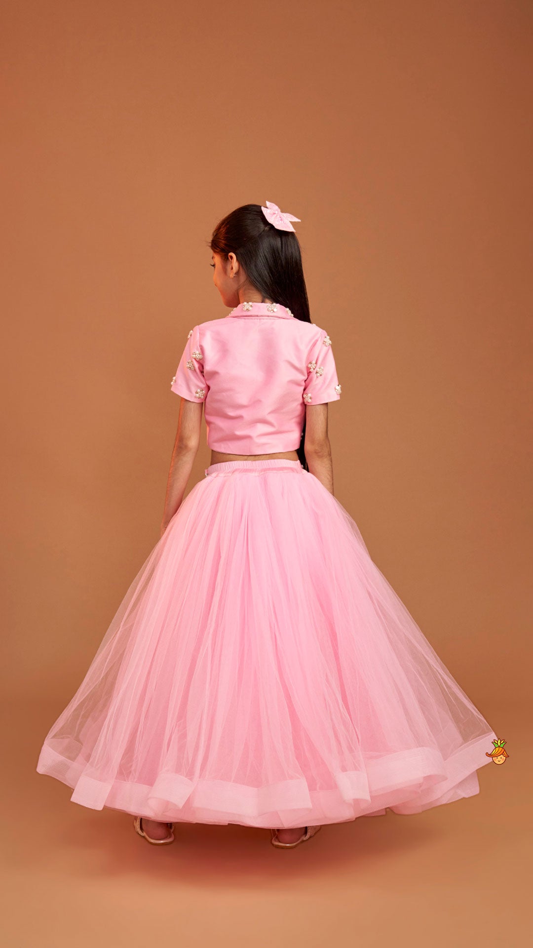 Pre Order: Stylish Pink Crop Blazer Style Top With Flared Lehenga