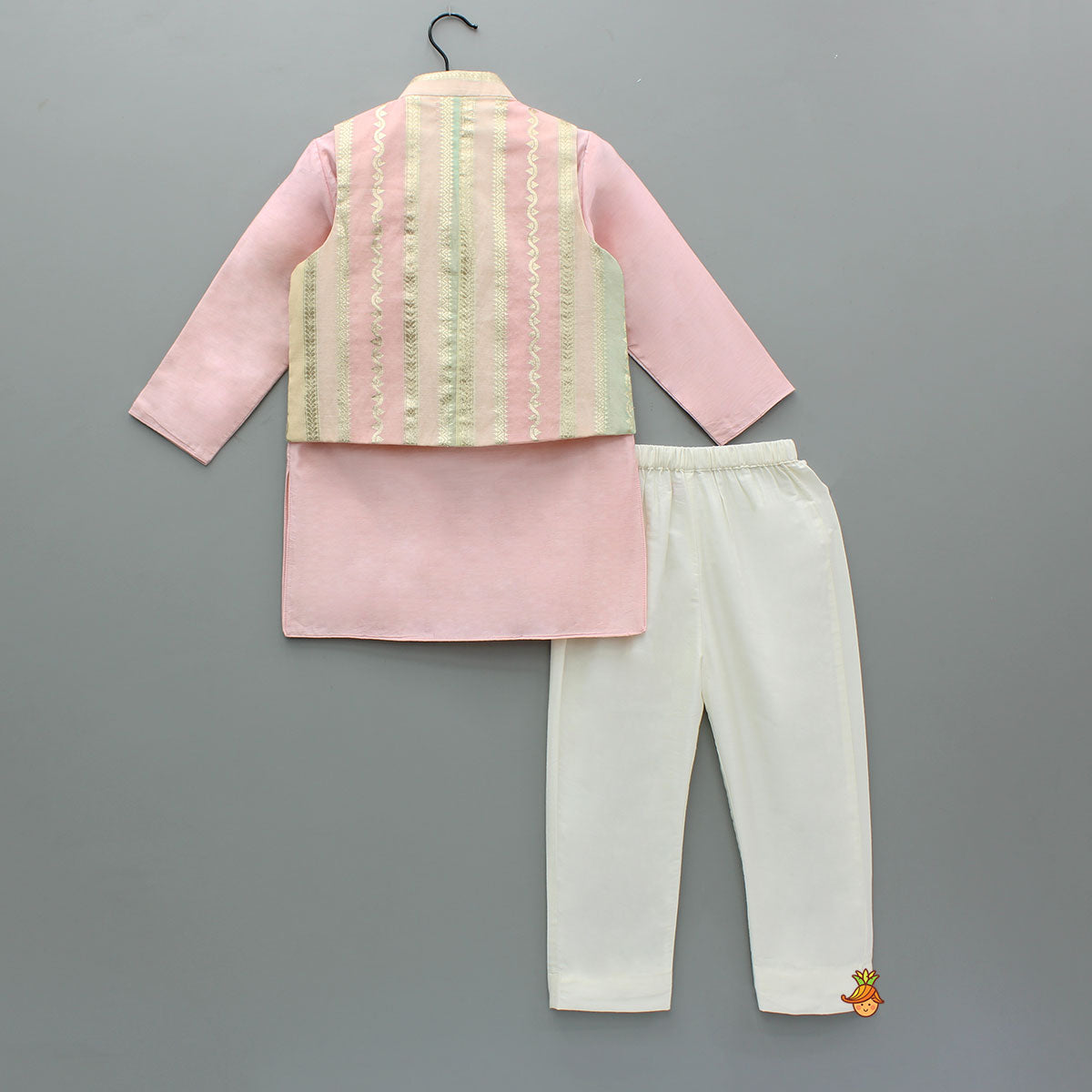 Pre Order: Pink Kurta With Zari Detailed Multi Tone Jacket And Pyjama