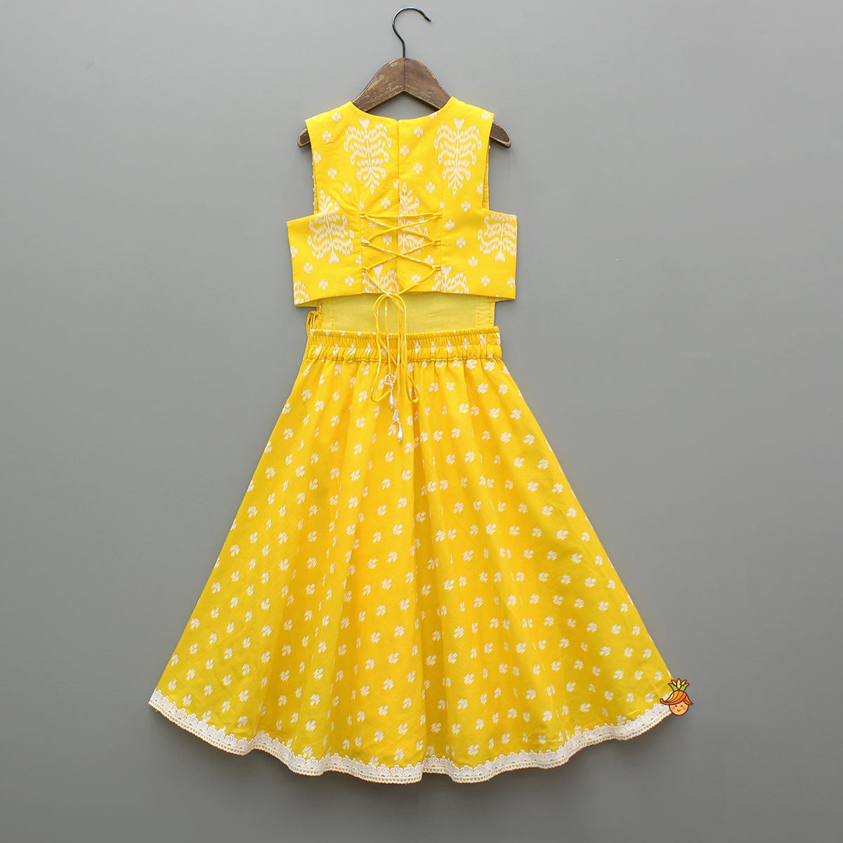 Pre Order: Yellow Cotton Stylish Hem Top With Matching Lehenga