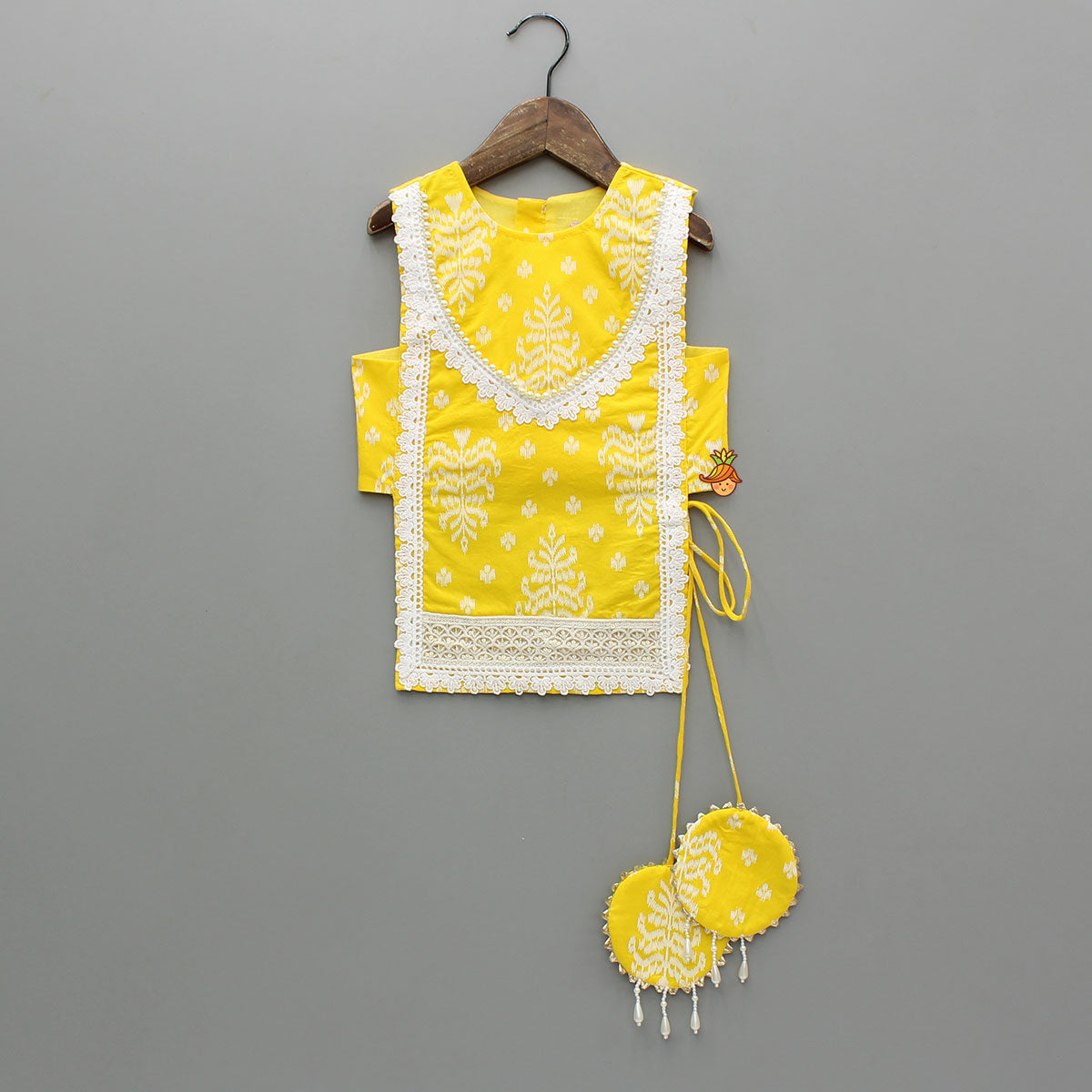 Pre Order: Yellow Cotton Stylish Hem Top With Matching Lehenga