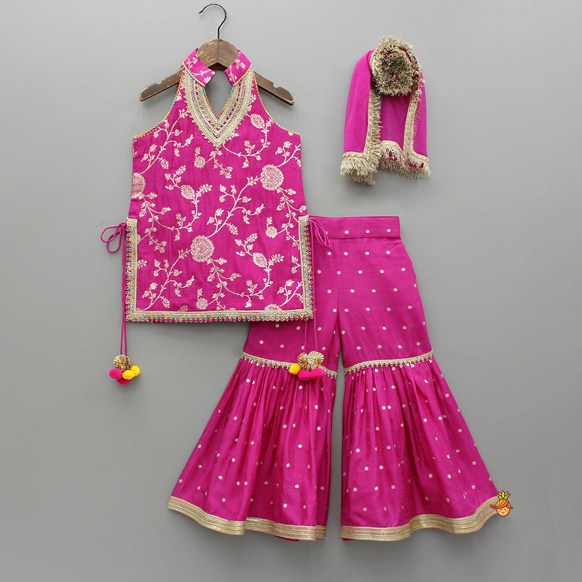 Pre Order: Gorgeous Pink Halter Neck Embroidered Kurti With Sharara And Dupatta