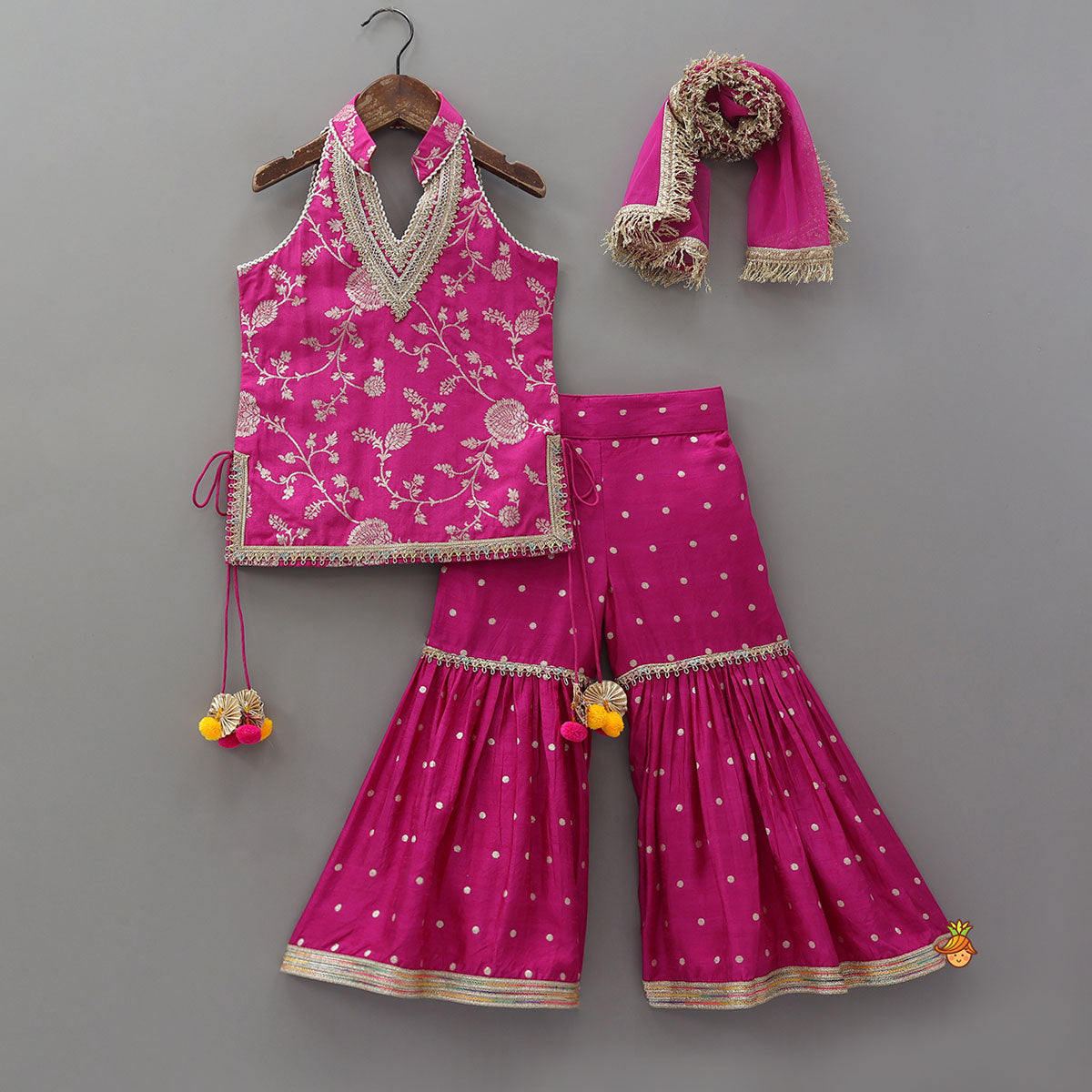 Pre Order: Gorgeous Pink Halter Neck Embroidered Kurti With Sharara And Dupatta