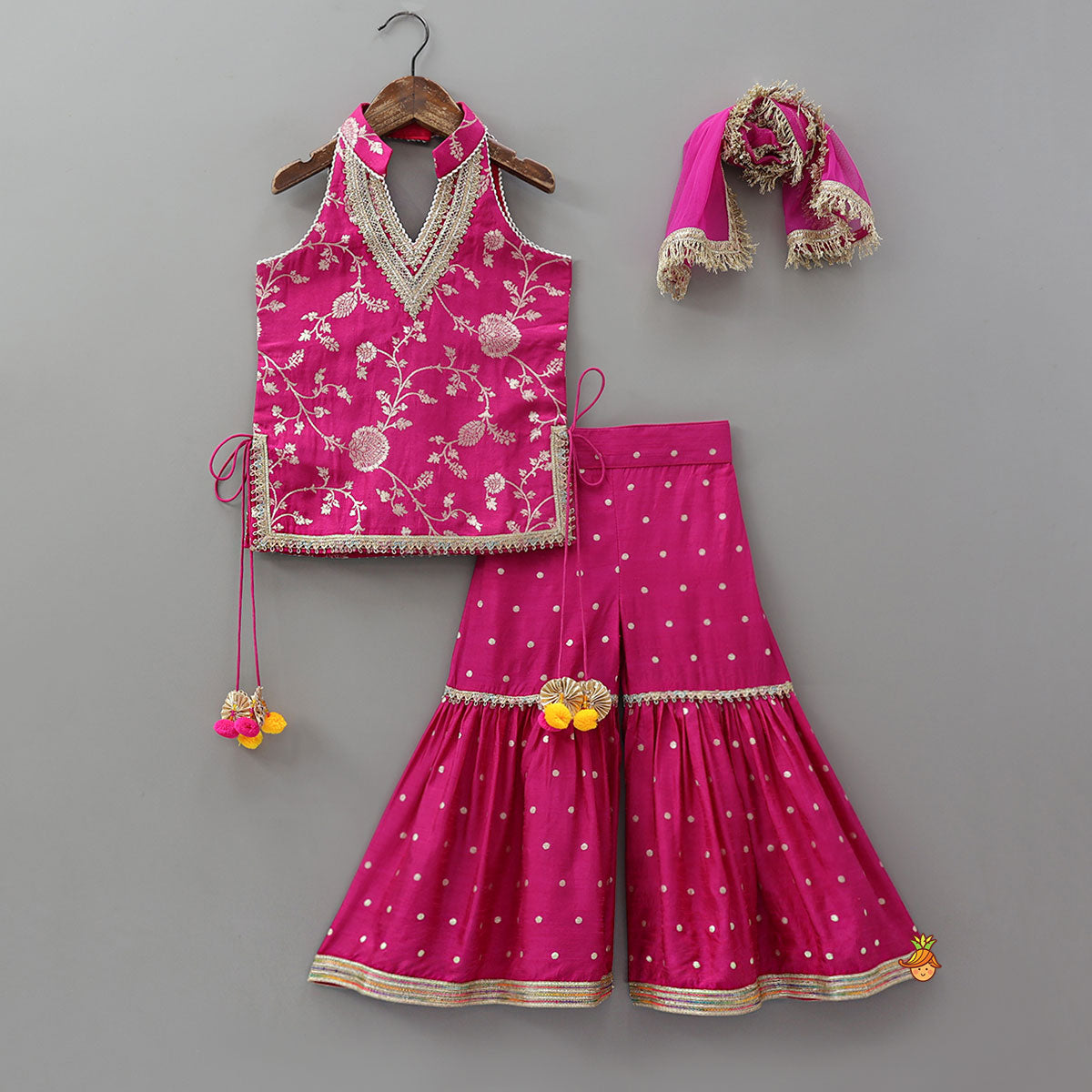 Pre Order: Gorgeous Pink Halter Neck Embroidered Kurti With Sharara And Dupatta