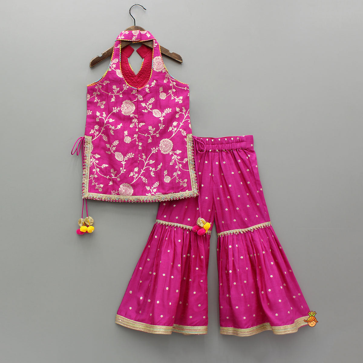 Pre Order: Gorgeous Pink Halter Neck Embroidered Kurti With Sharara And Dupatta