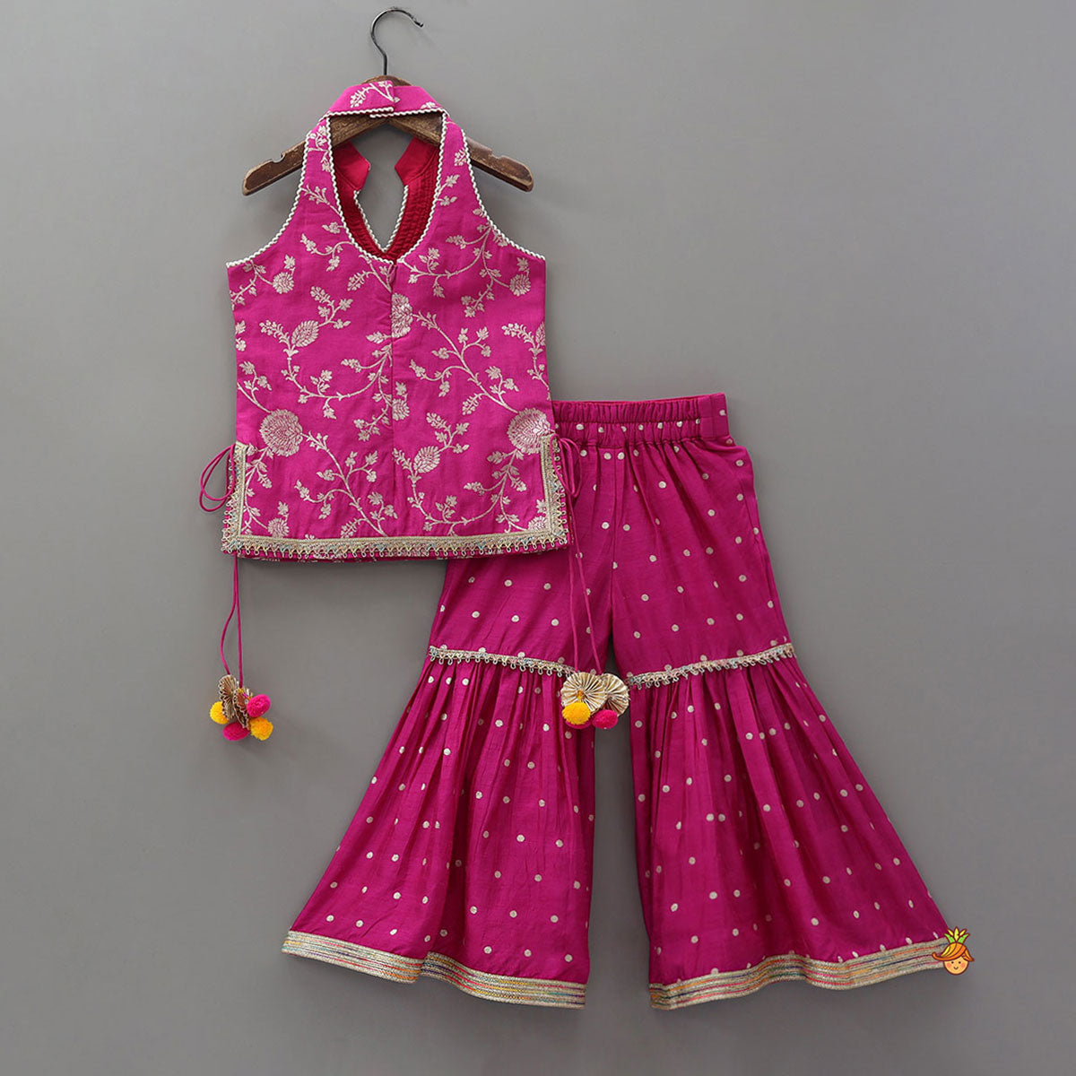 Pre Order: Gorgeous Pink Halter Neck Embroidered Kurti With Sharara And Dupatta