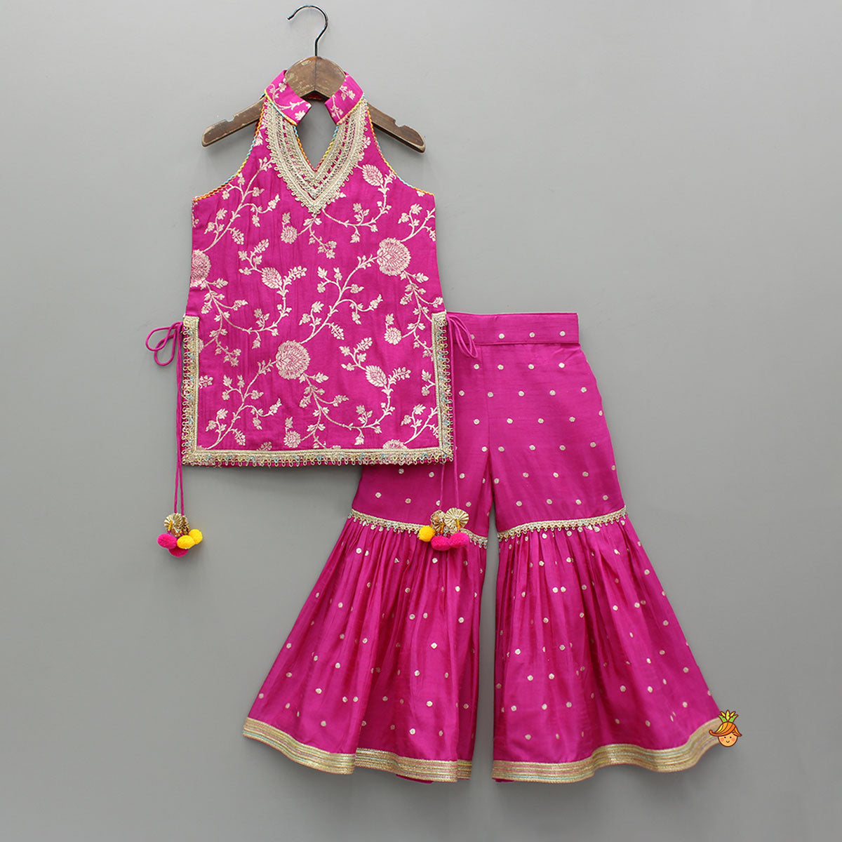 Pre Order: Gorgeous Pink Halter Neck Embroidered Kurti With Sharara And Dupatta