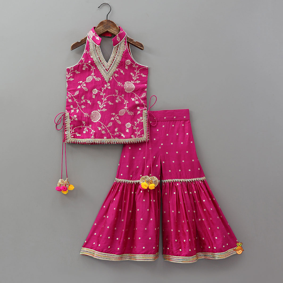 Pre Order: Gorgeous Pink Halter Neck Embroidered Kurti With Sharara And Dupatta
