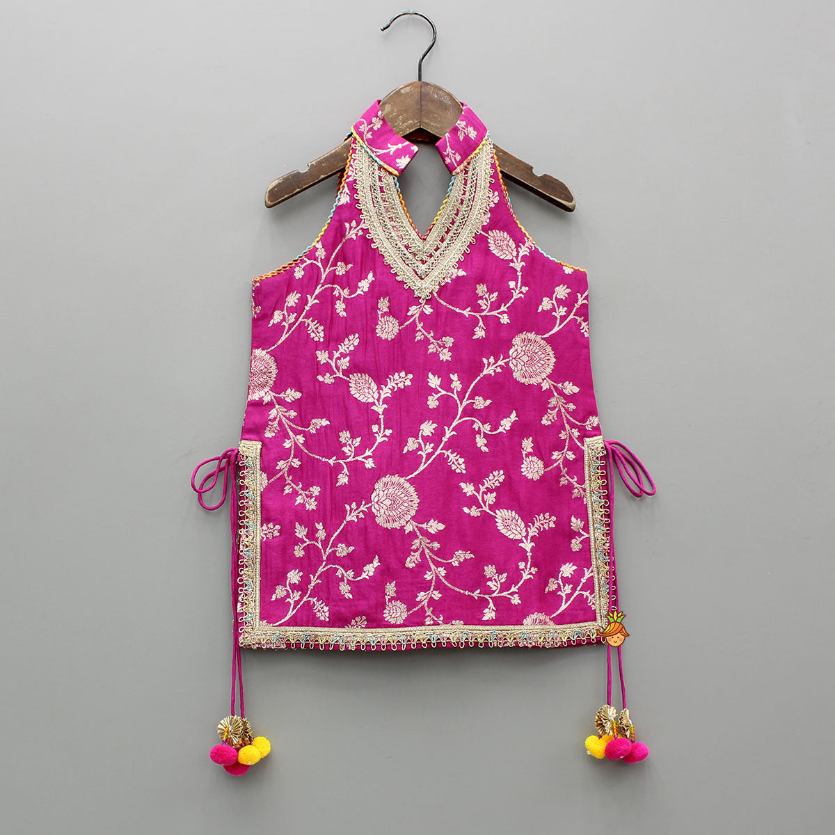 Pre Order: Gorgeous Pink Halter Neck Embroidered Kurti With Sharara And Dupatta