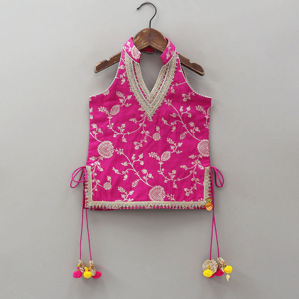 Pre Order: Gorgeous Pink Halter Neck Embroidered Kurti With Sharara And Dupatta