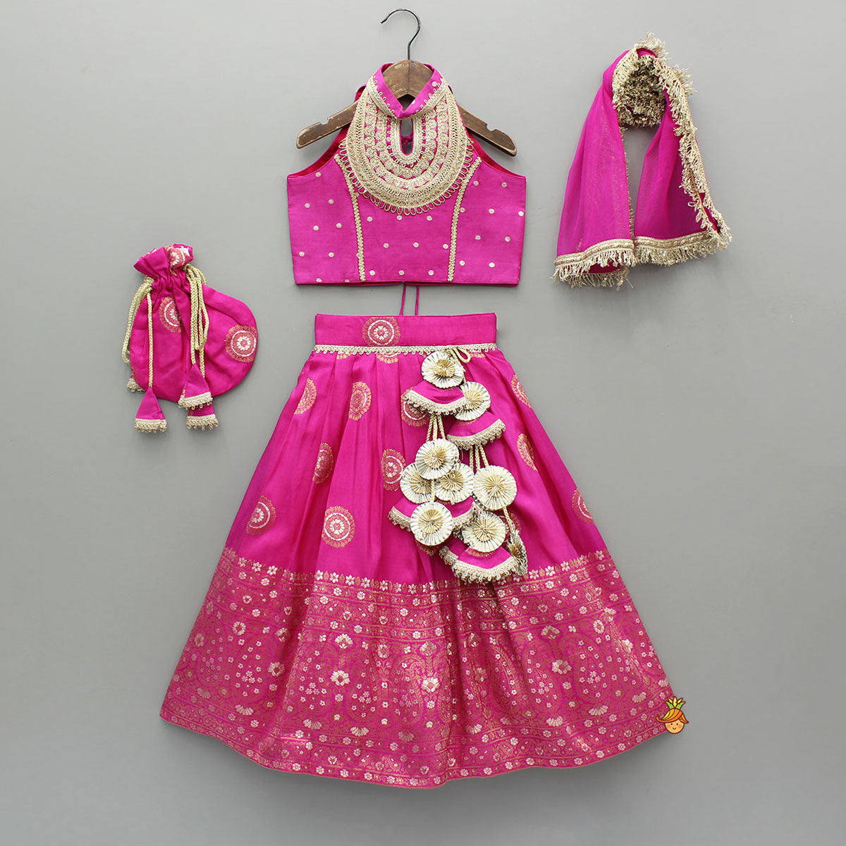 Pre Order: Beautiful Pink Embroidered Halter Neck Top With Lehenga And Dupatta With Potli Bag