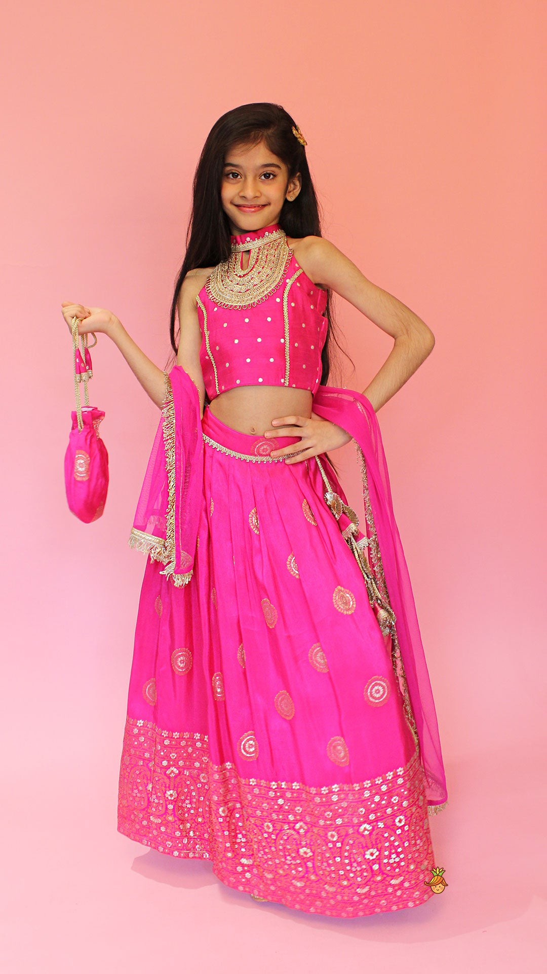 Pre Order: Beautiful Pink Embroidered Halter Neck Top With Lehenga And Dupatta With Potli Bag